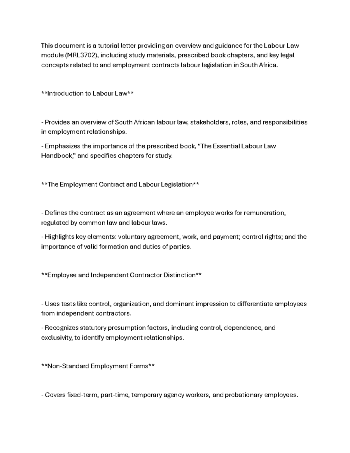 MRL3702 Labour Law Overview: Key Concepts & Study Guide - Studocu