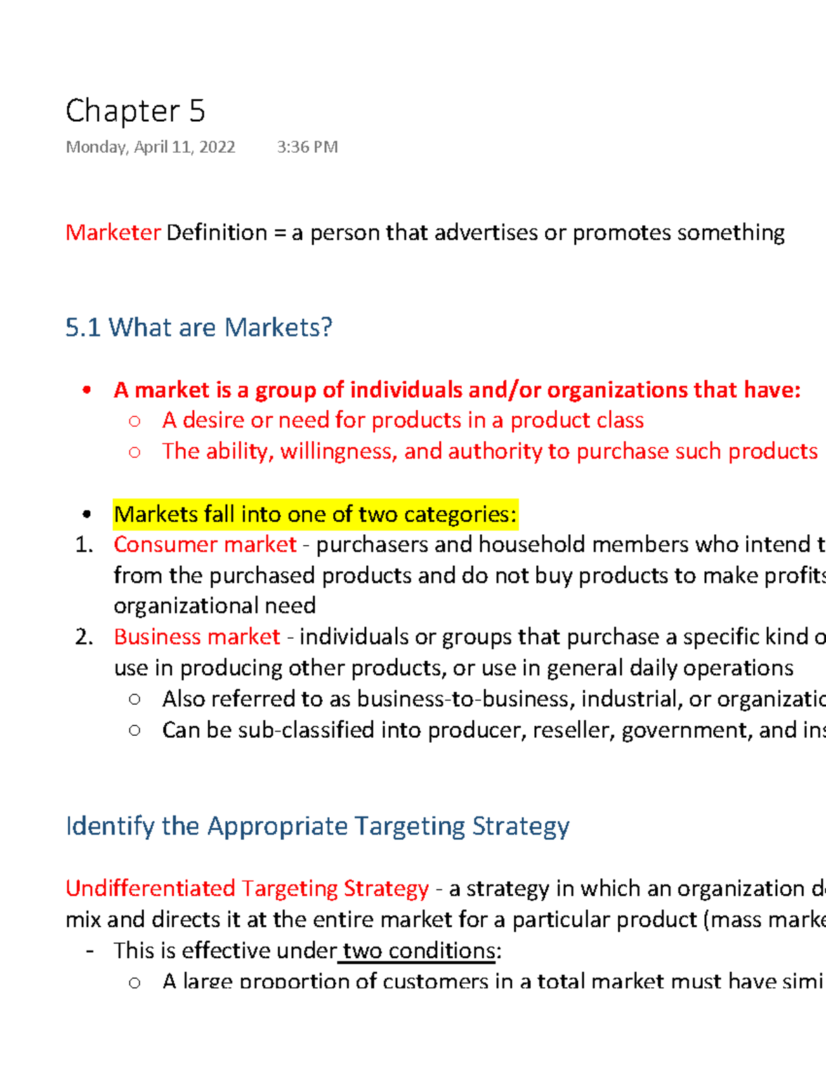 Chapter 5 Marketing Notes - Understanding Markets and Strategies - Studocu