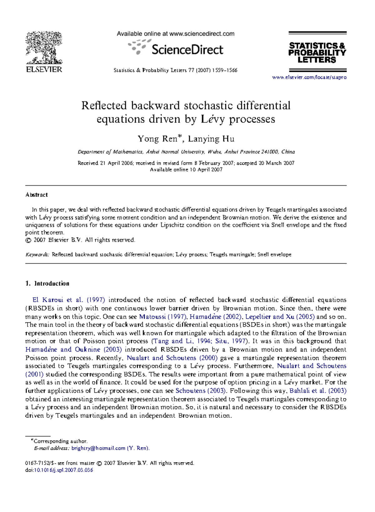 Reflected Backward Stochastic Differential Equations with Lévy ...