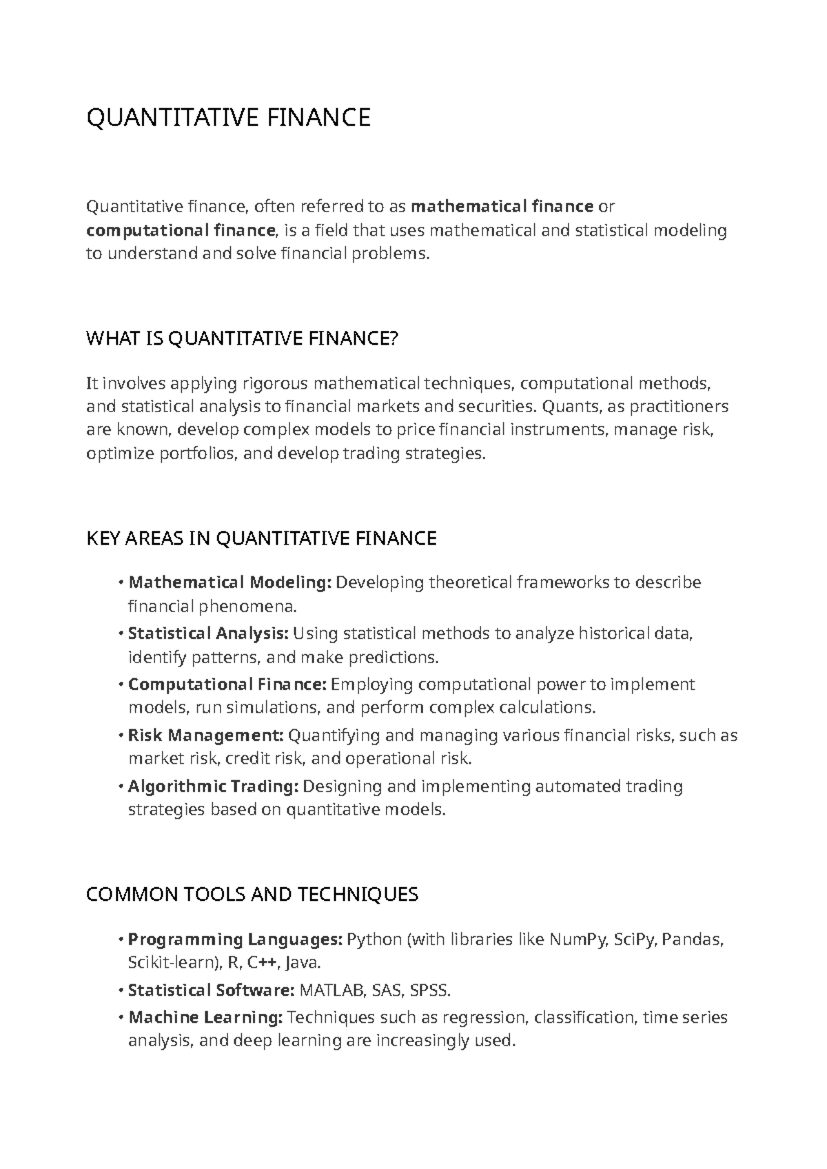 Quantitative Finance Overview: Key Concepts and Techniques - Studocu