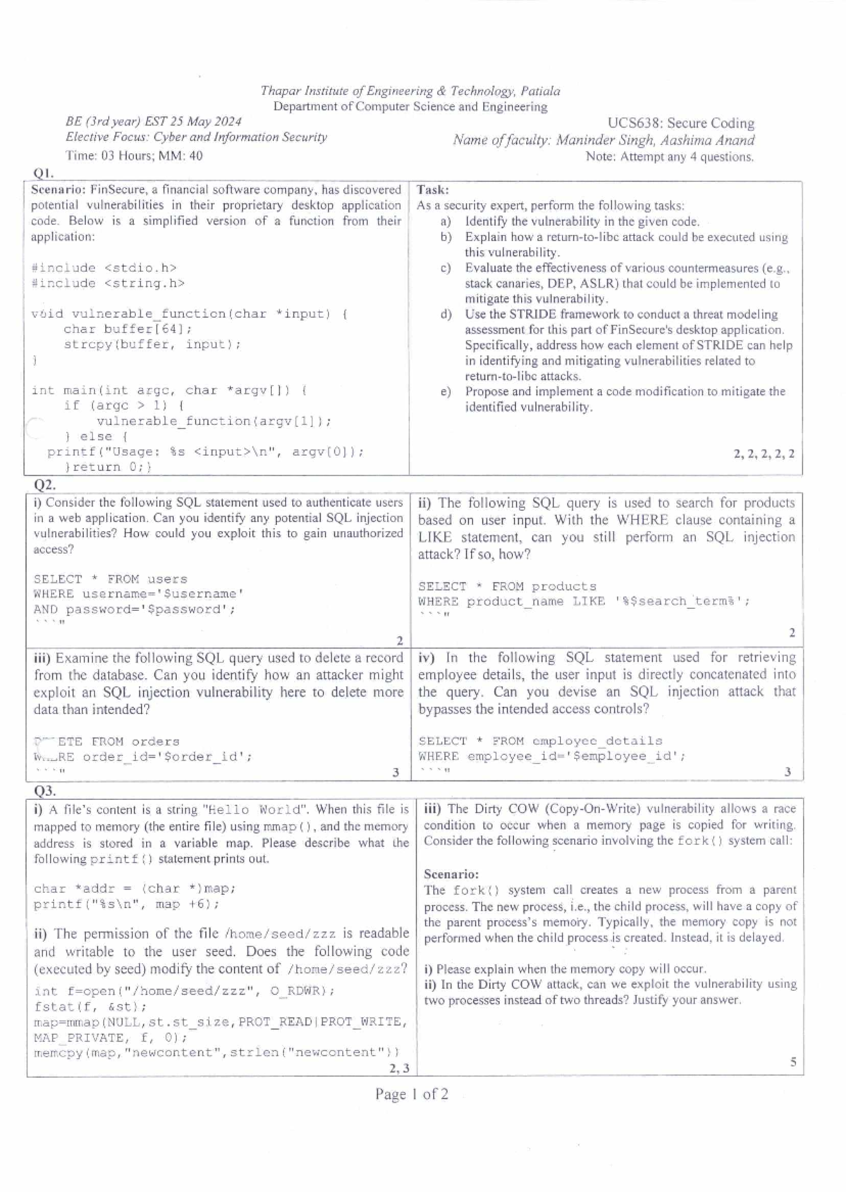 UCS638: Secure Coding - Vulnerabilities & Mitigation Strategies - Studocu