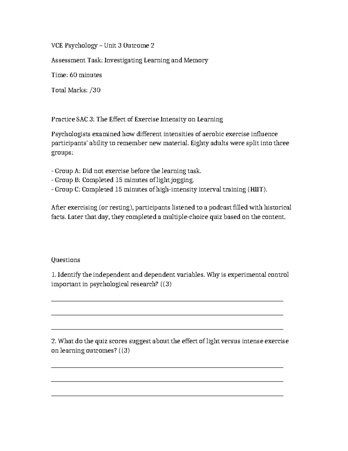 VCE Psychology Unit 3 SAC 3: Exercise's Impact on Learning & Memory ...