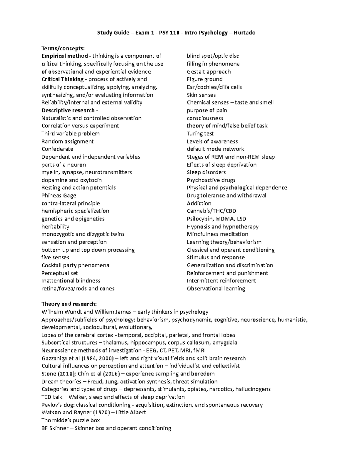Study Guide for Exam 1 - PSY 110 Intro to Psychology - Studocu