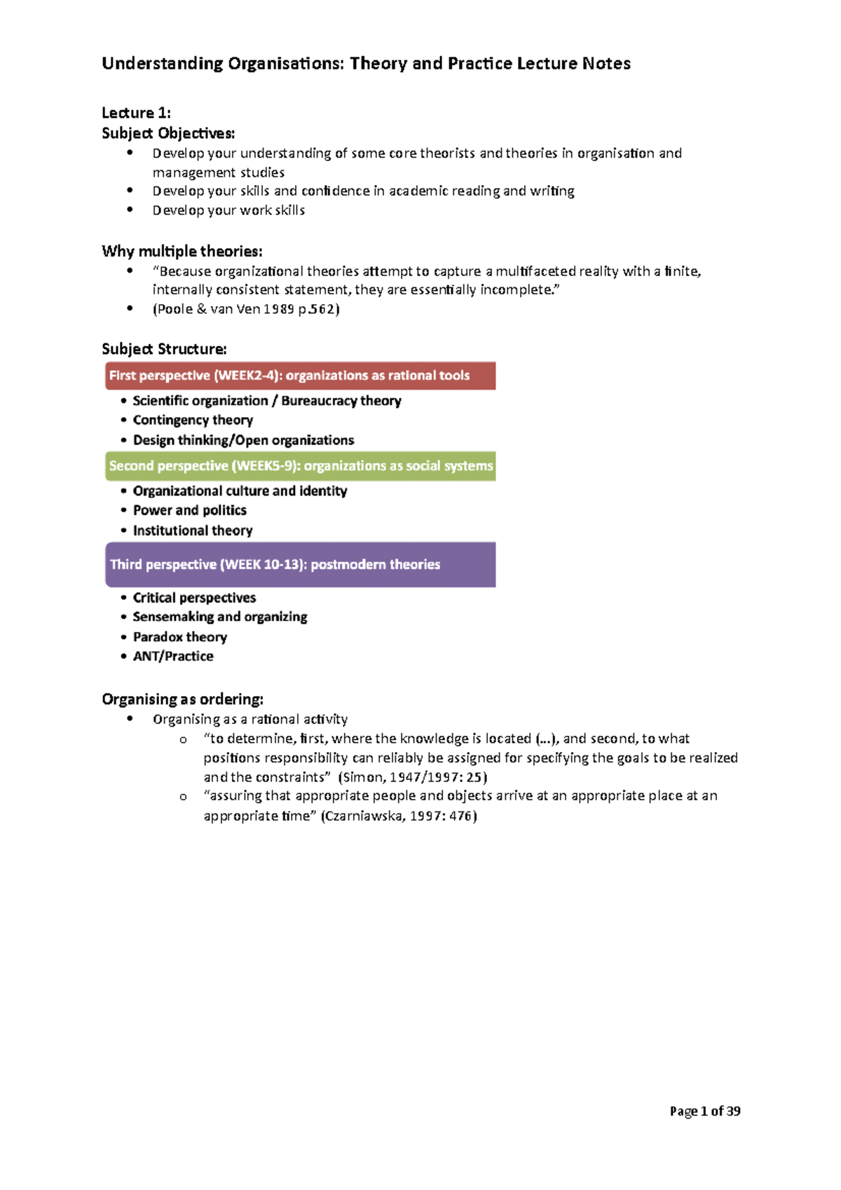 Organisations Management: Lecture Notes & Core Theories Overview - Studocu