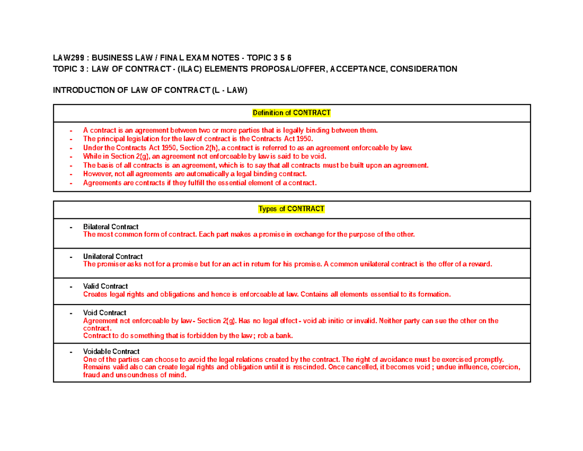LAW299: BUSINESS LAW I FINAL EXAM NOTES - CONTRACT LAW OVERVIEW - Studocu