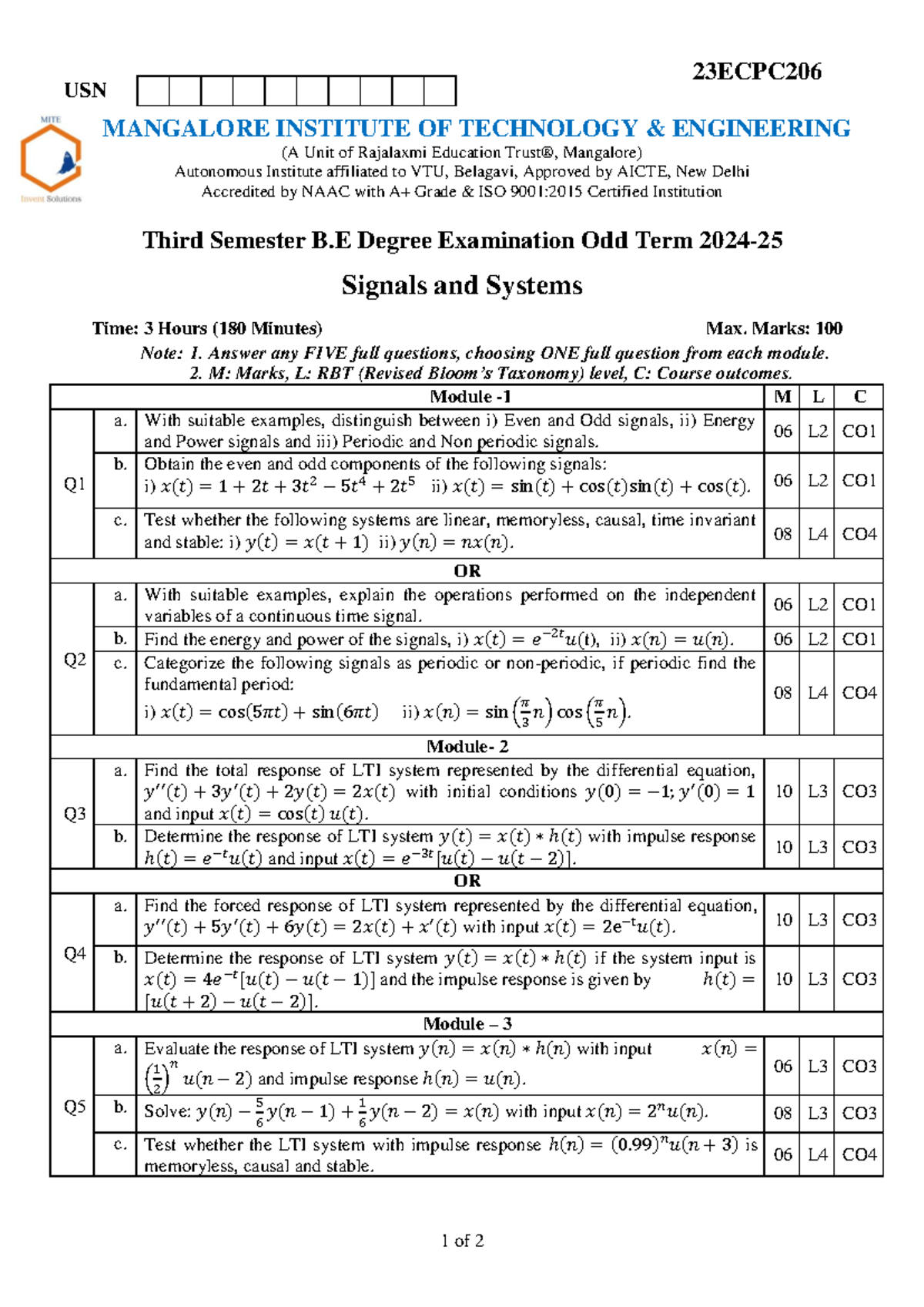 Signals and Systems Exam Questions - 23ECPC206 Odd Term - Studocu