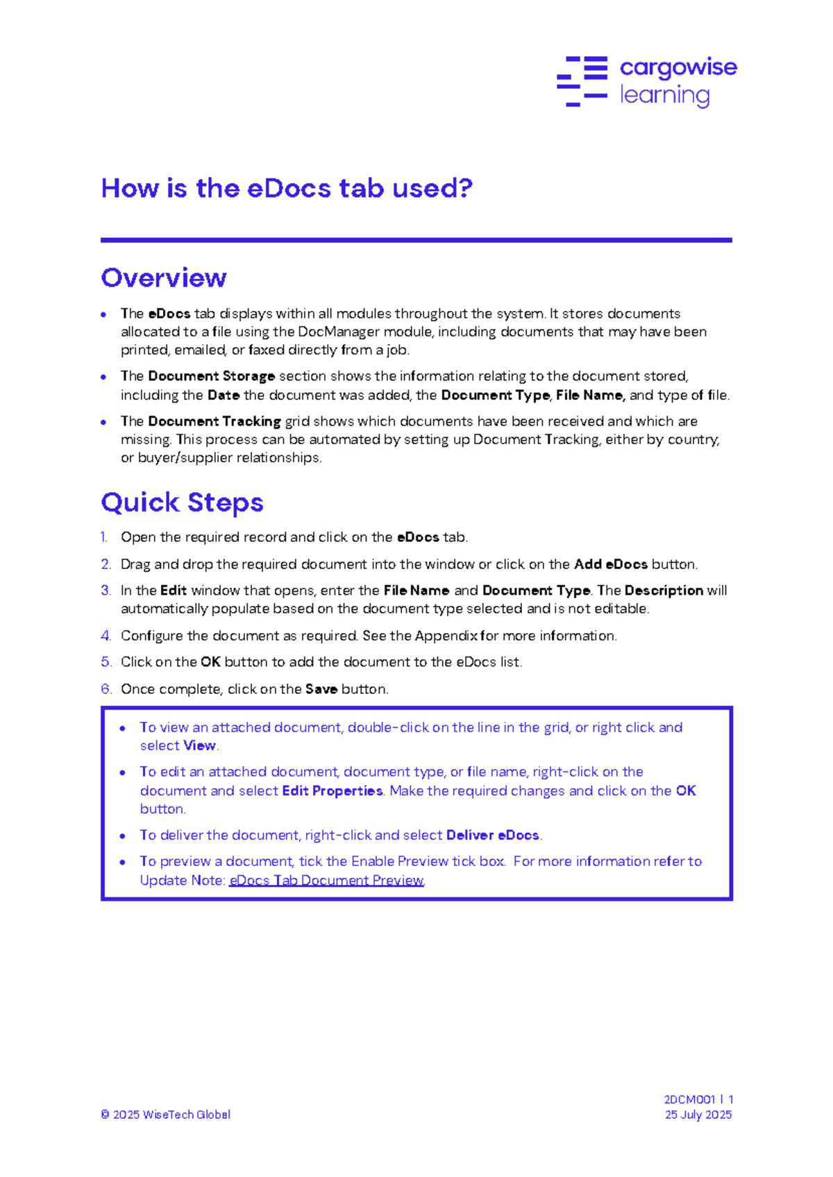 2DCM001 - Overview of eDocs Tab Usage and Functions - Studocu