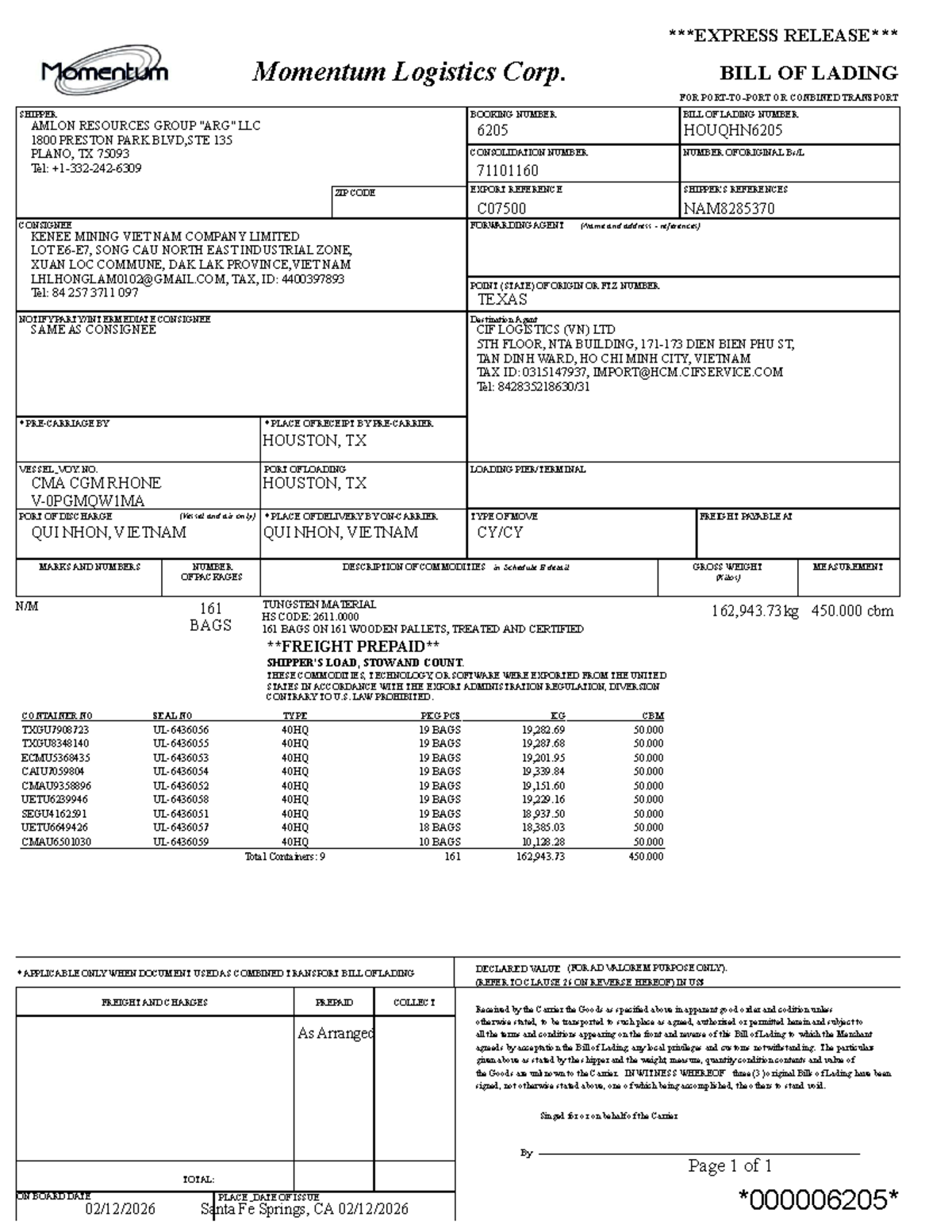 Momentum Logistics Corp. Bill of Lading for Shipment NAM8285370 - Studocu