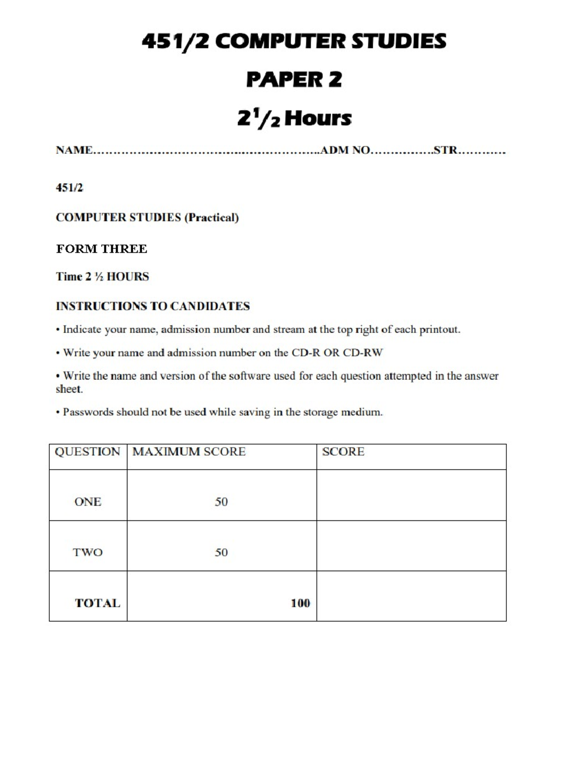 COMPUTER STUDIES (Practical) F3 Exam Paper - 2 Hours Instructions - Studocu