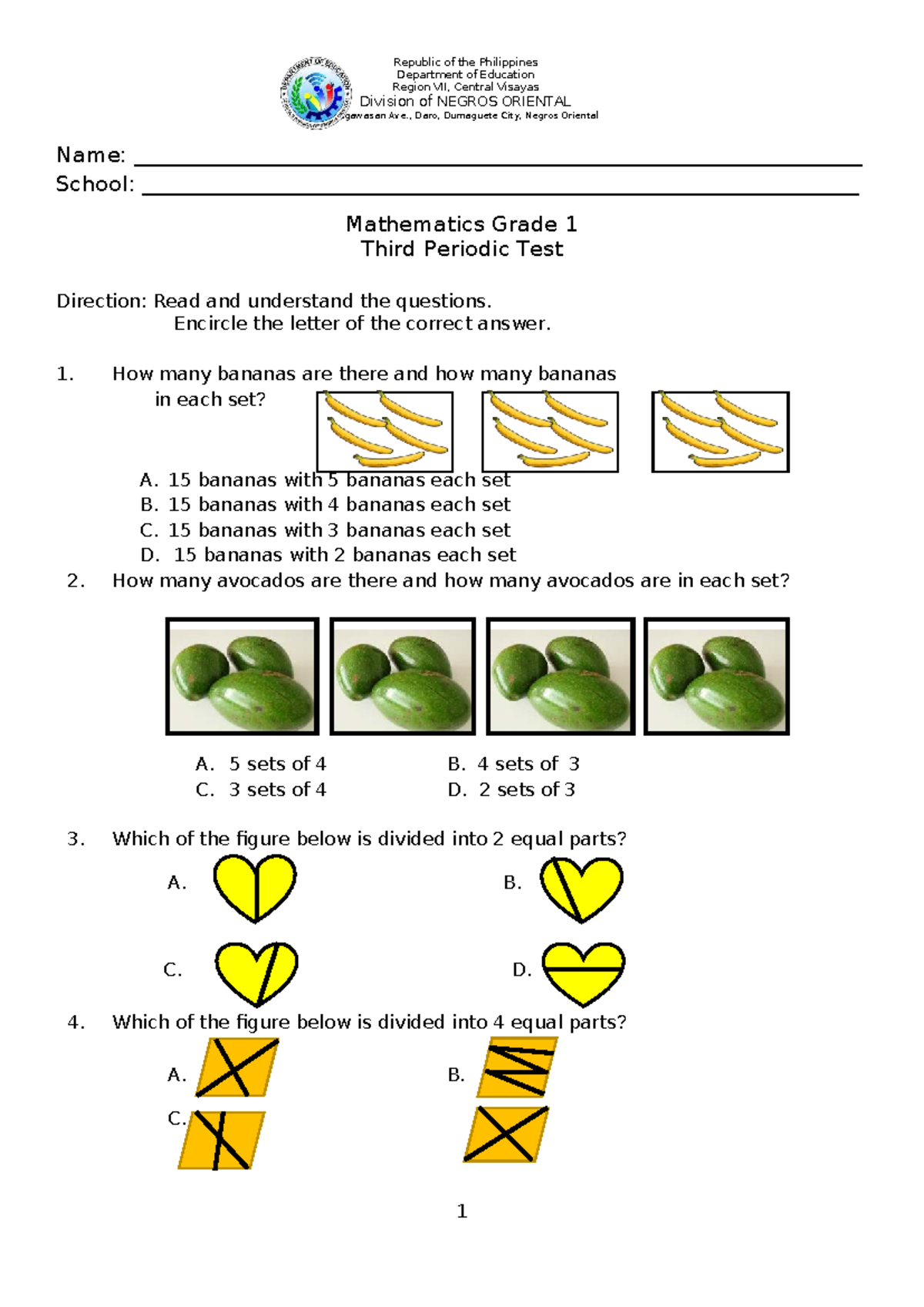Math1 3rd Quarter Assessment: Grade 1 Periodic Test - Studocu