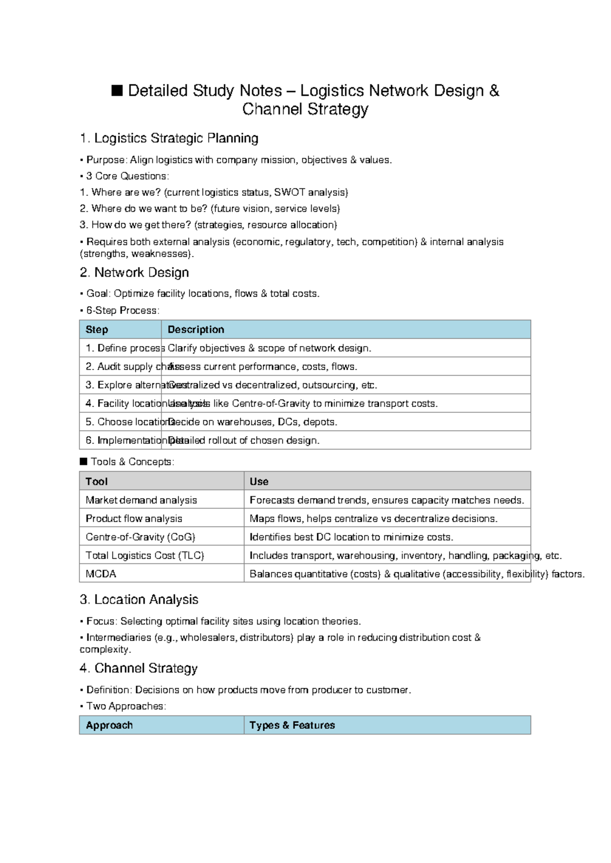 Logistics Network Design Study Notes: Channel Strategy Insights - Studocu