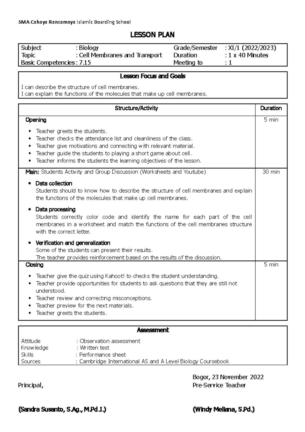 Lesson Plan XI/1: Cell Membranes & Transport (2022/2023) - Studocu