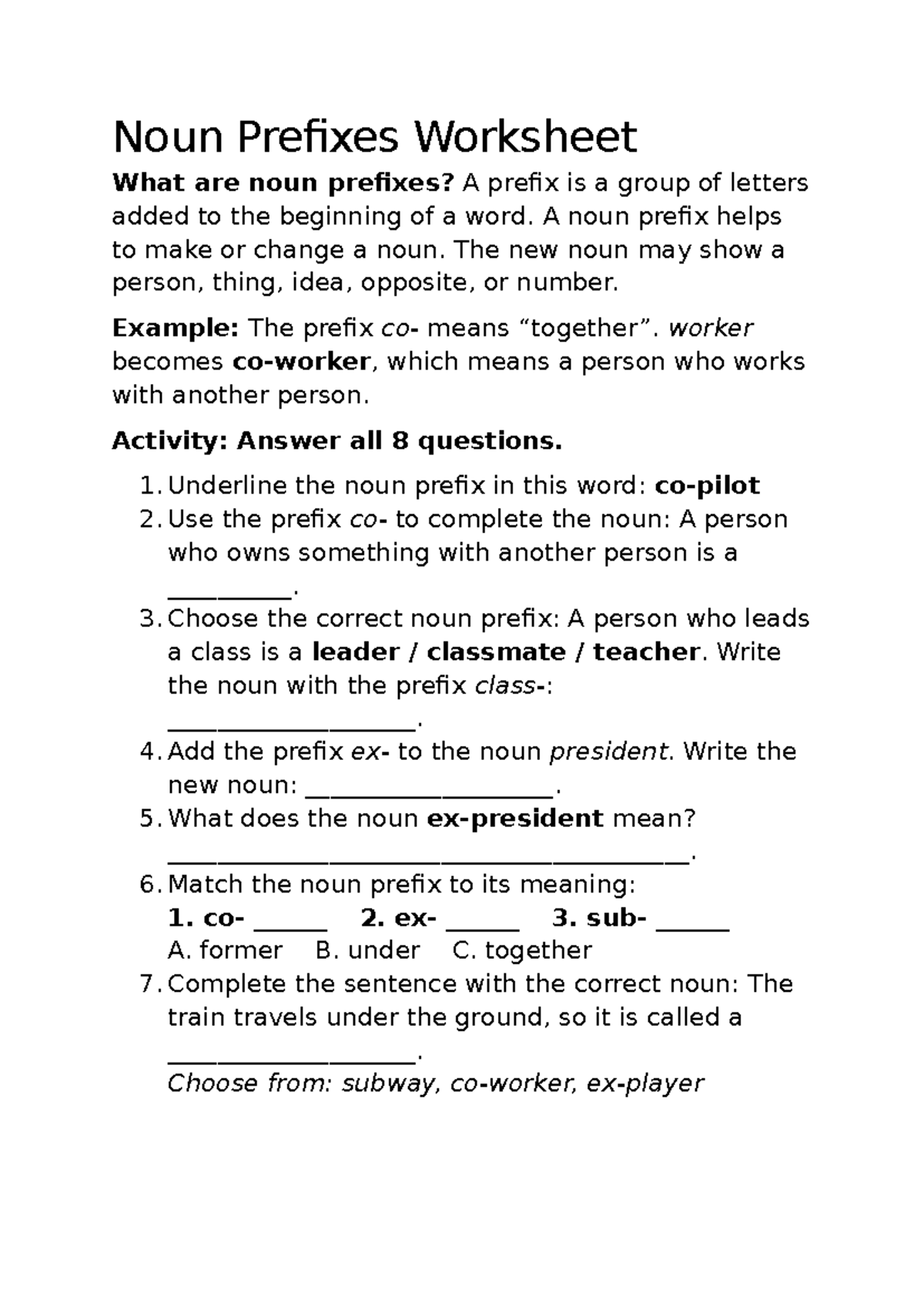 CAPS Aligned Worksheet – Noun Prefixes (Grade 5 English HL) - Studocu