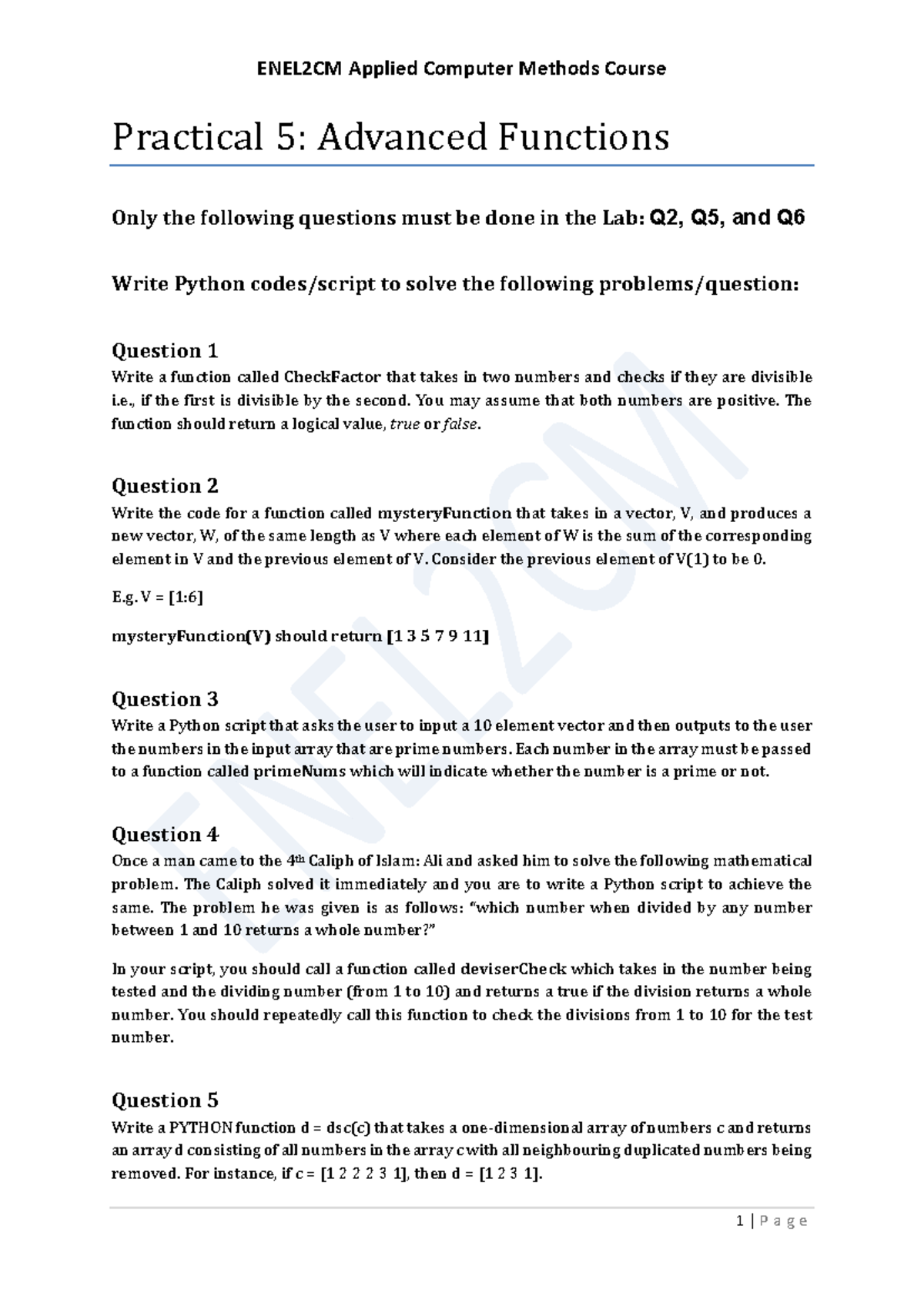 ENEL2CM Applied Computer Methods Practical 5: Advanced Python Functions ...