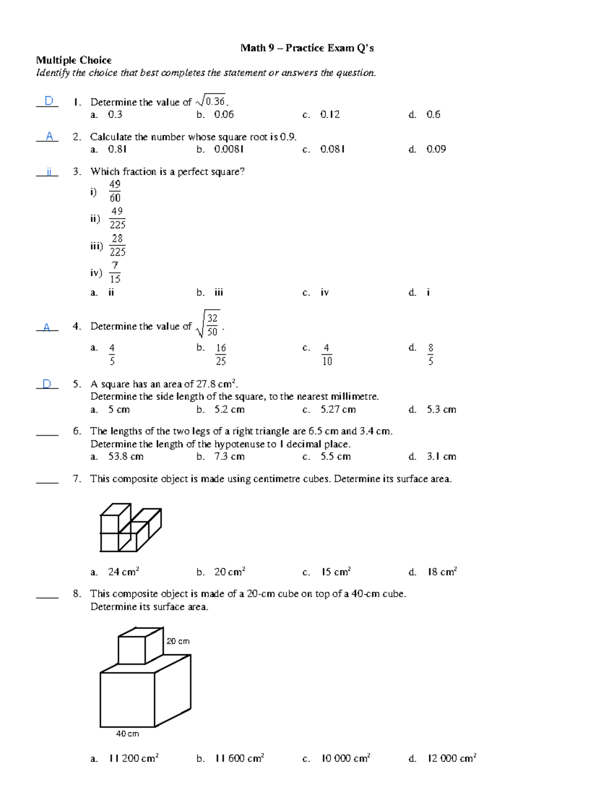 Math 9 - Practice Exam Questions with Answer Key for Review - Studocu
