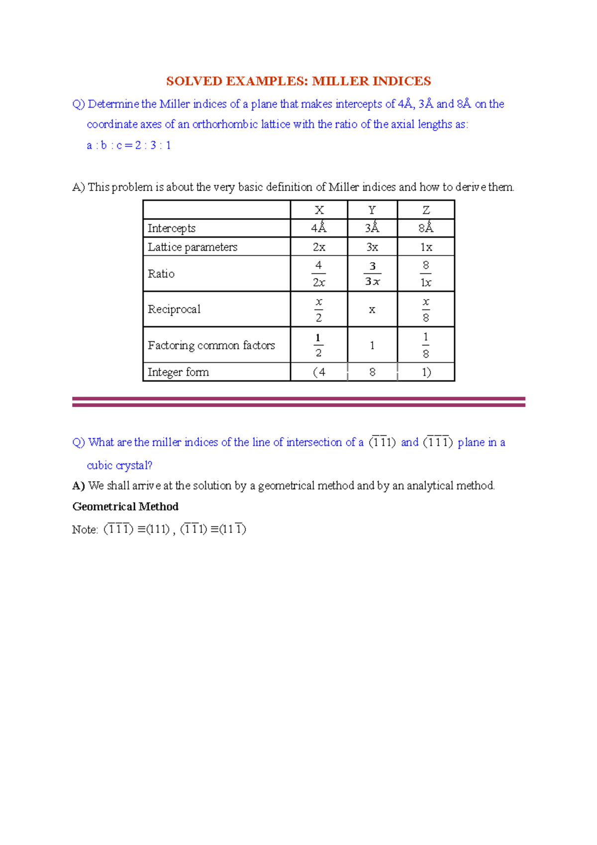 Miller Indices - Lecture Notes 3: Solved Examples & Methods - Studocu