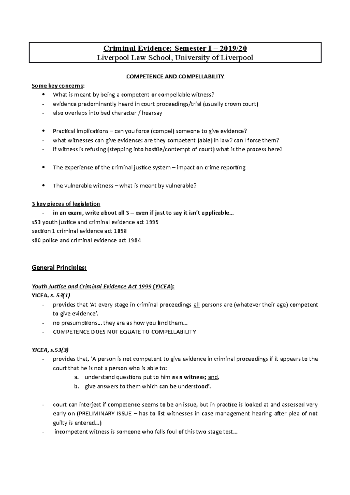 Week 5 Lecture Notes Competence Compellability In Criminal Law Studocu