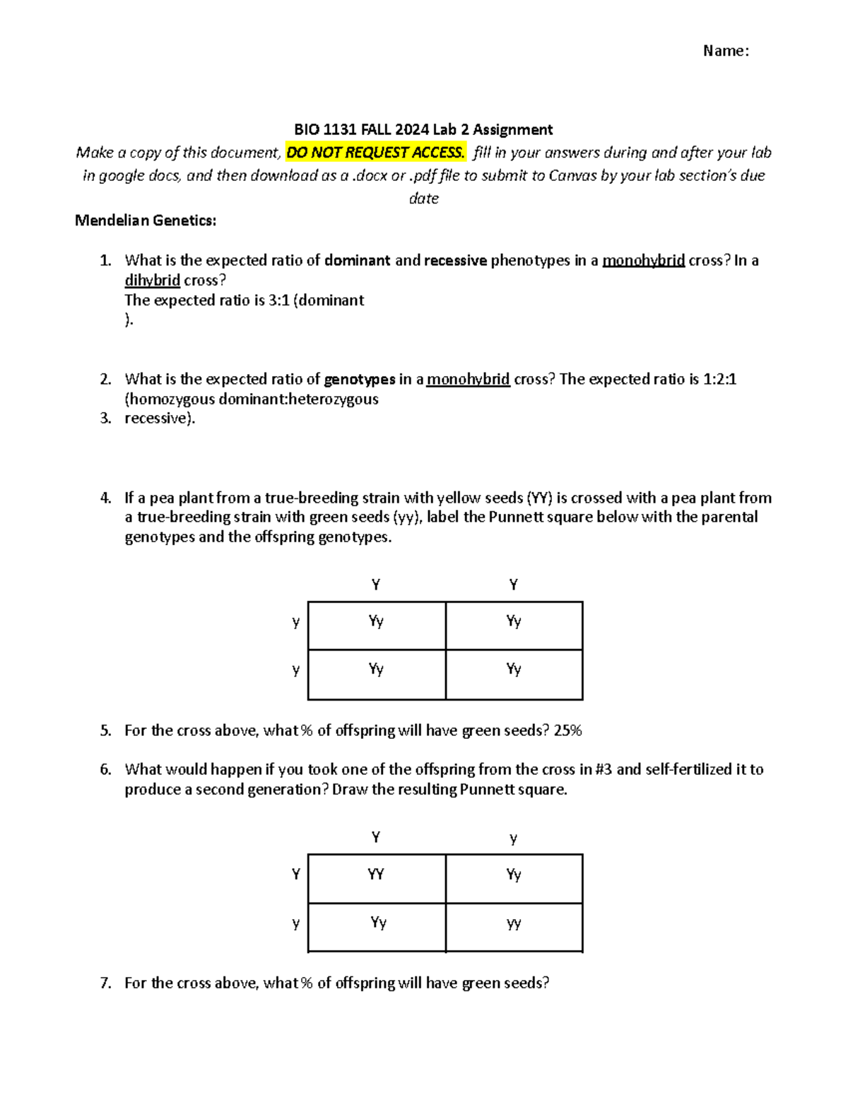 BIO 1131 Fall 2024 Lab 2 Worksheet - Mendelian Genetics & Analysis ...