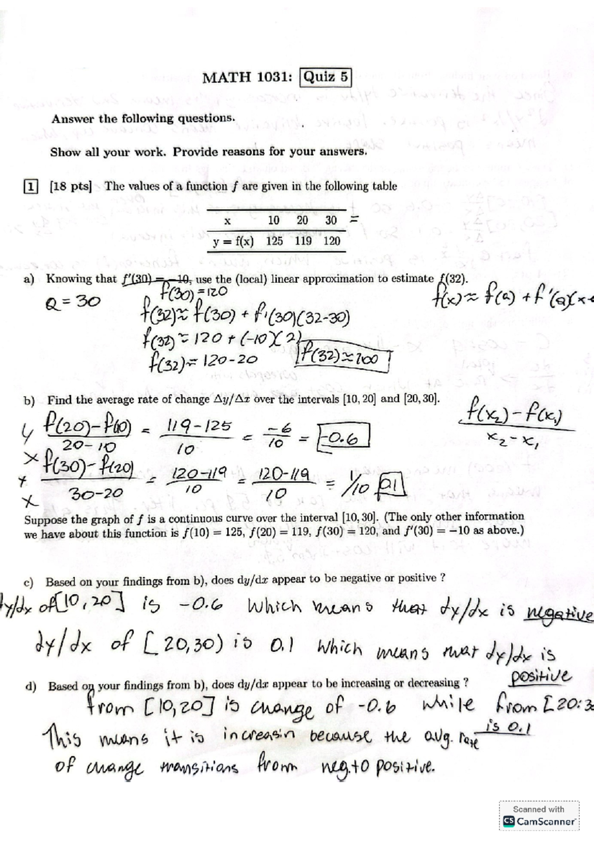 Cam Scanner 10-05-2024 15 - MATH 1031: Quiz 5 Answer the following ...