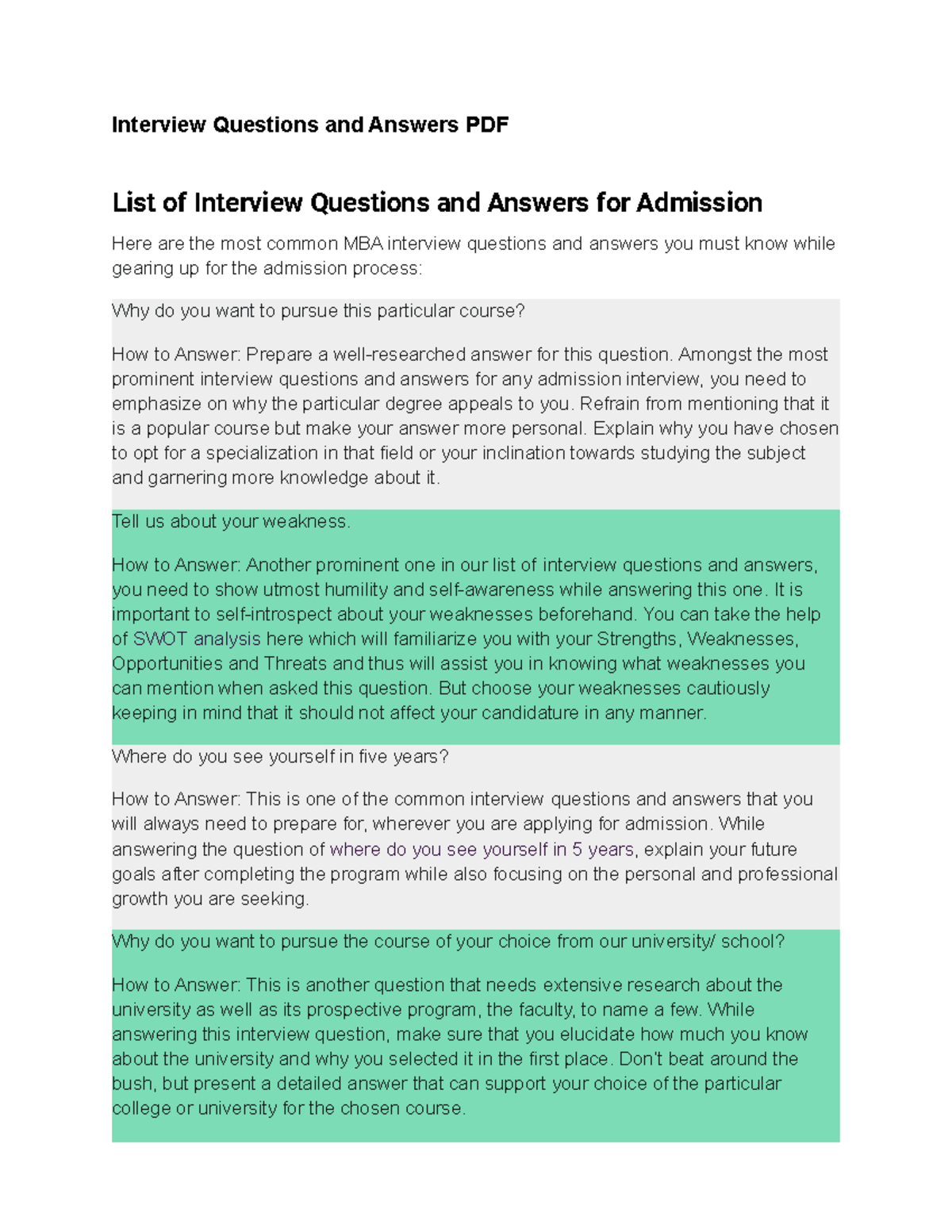MBA Admission Interview Questions and Answers Guide - Studocu