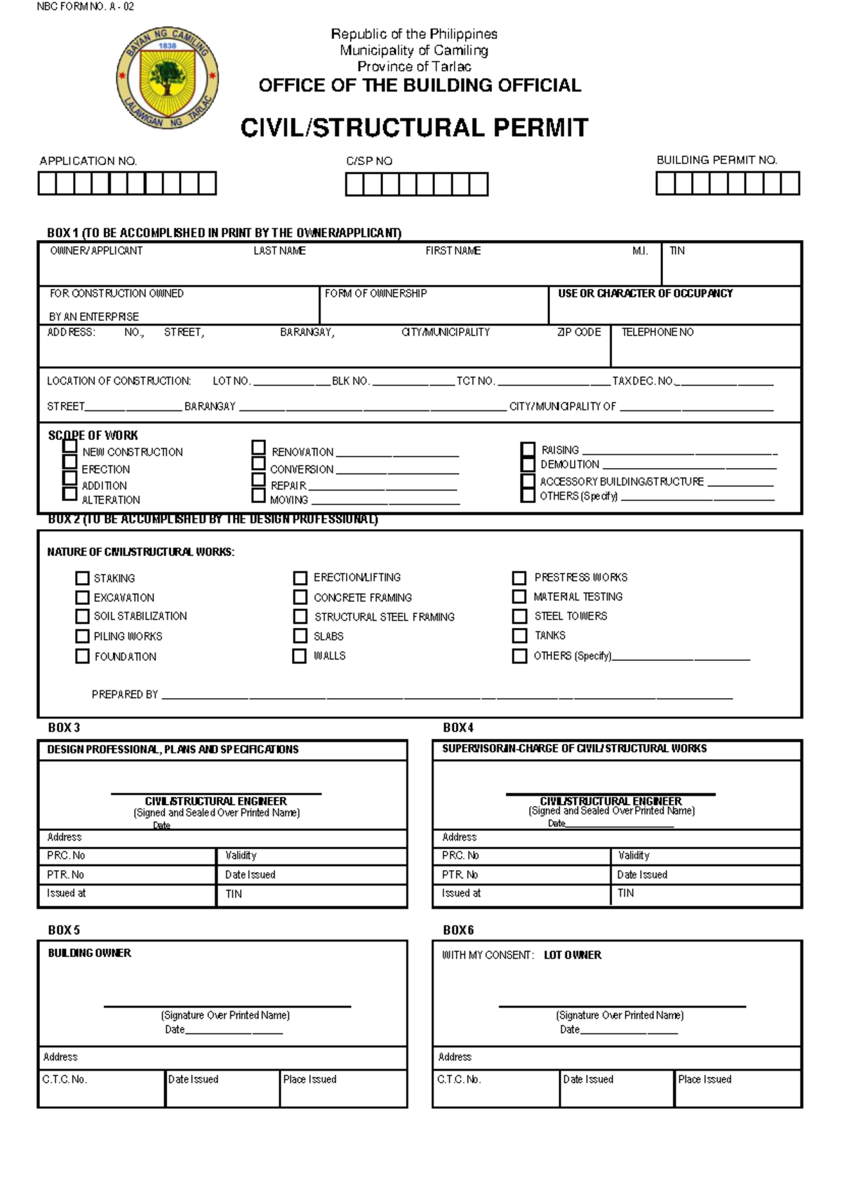 Civil Structural Permit Application - NBC FORM NO. A 02 - Studocu
