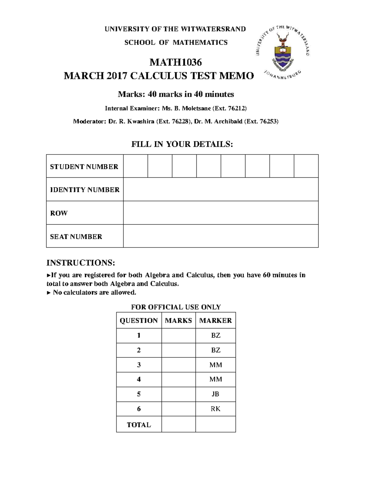 MATH1036 March 2017 Calculus Test Memo and Solutions - Studocu