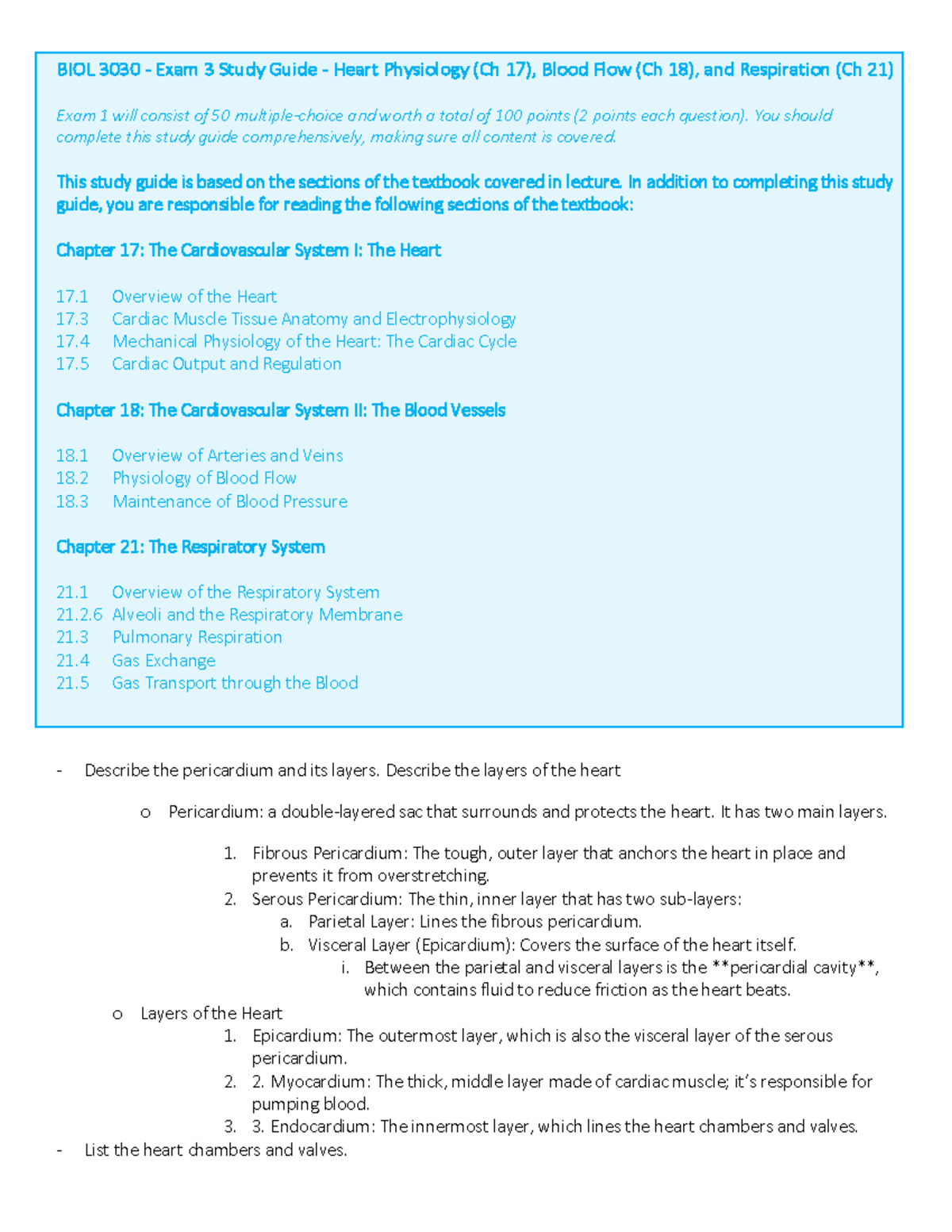 BIOL 3030 - Exam 3 Study Guide: Heart Physiology, Blood Flow ...