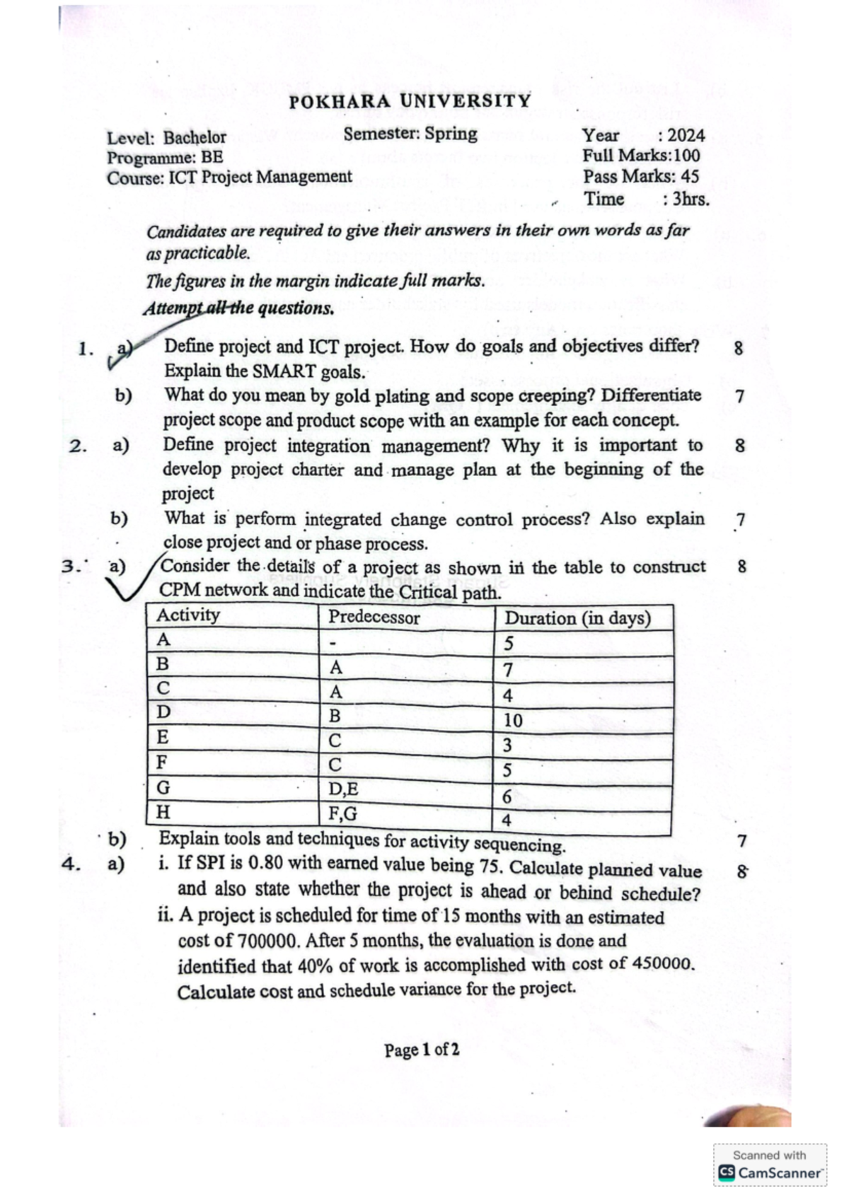 ICT Project Management Exam - Spring 2024 (BE) - Full Marks 100 - Studocu