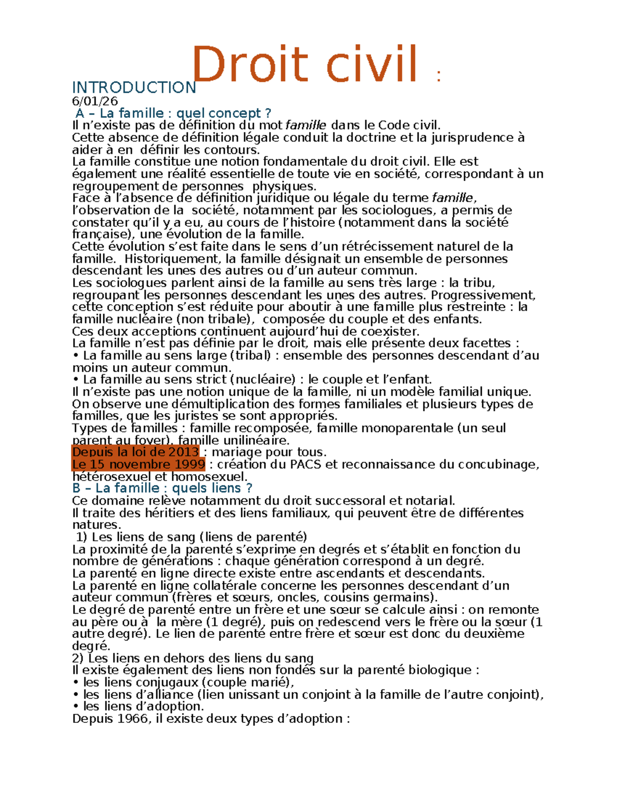Droit Civil : Chapitre 1 - Introduction à la Famille et ses Évolutions ...