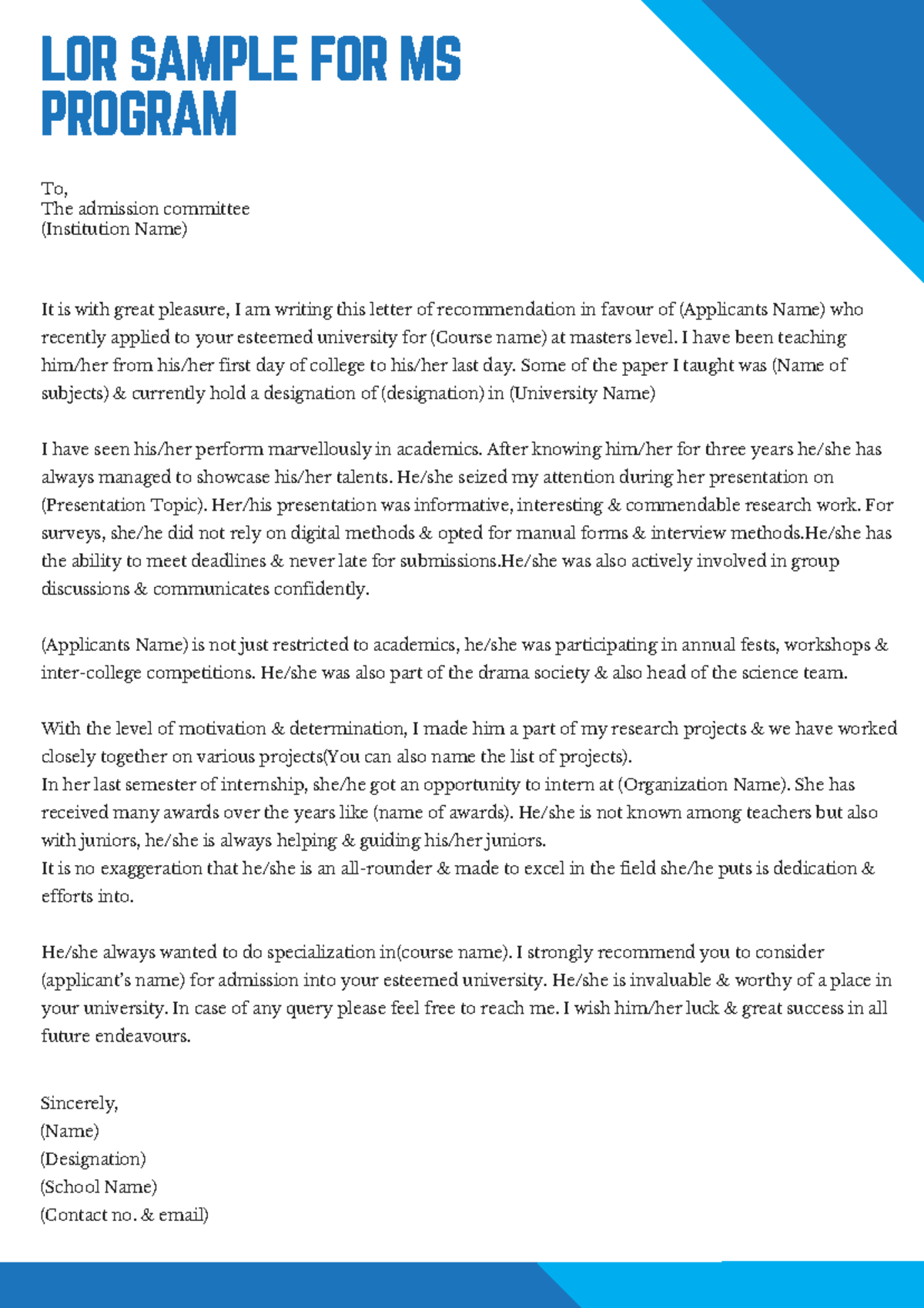 LOR Sample for MS Program - Reference Letter Template - Studocu