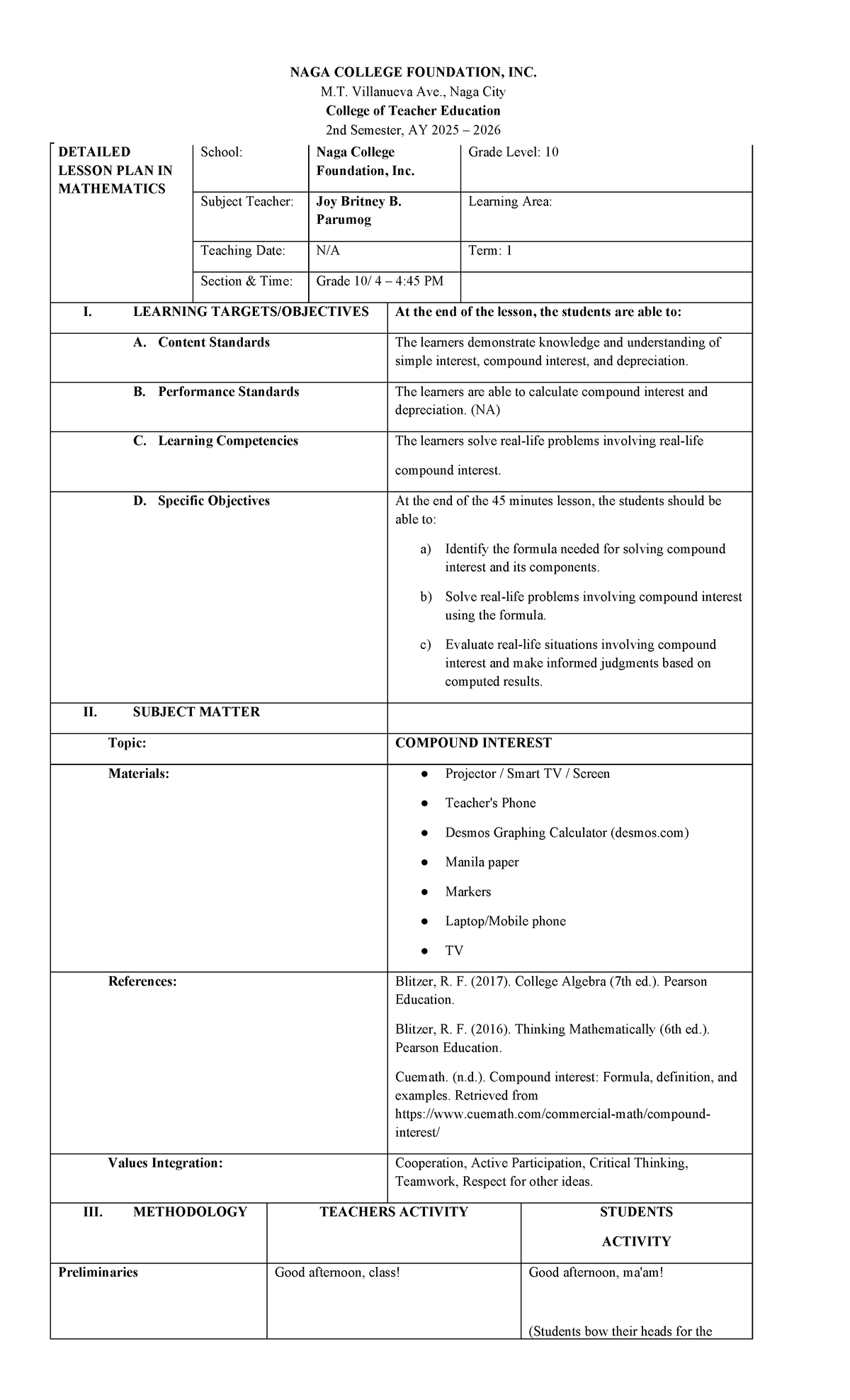 Detailed Lesson Plan in Mathematics I (Grade 10) - Compound Interest ...