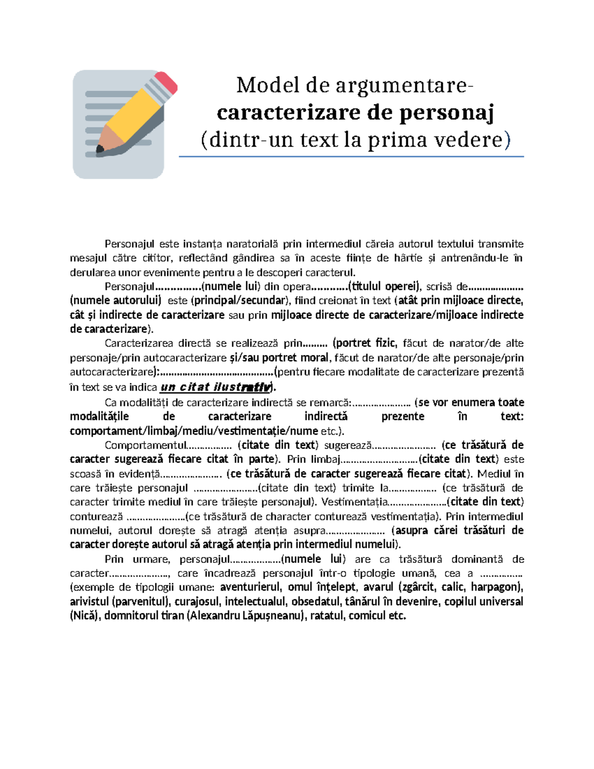 Caracterizarea Personajului: Model de Argumentare pentru Text Literar ...