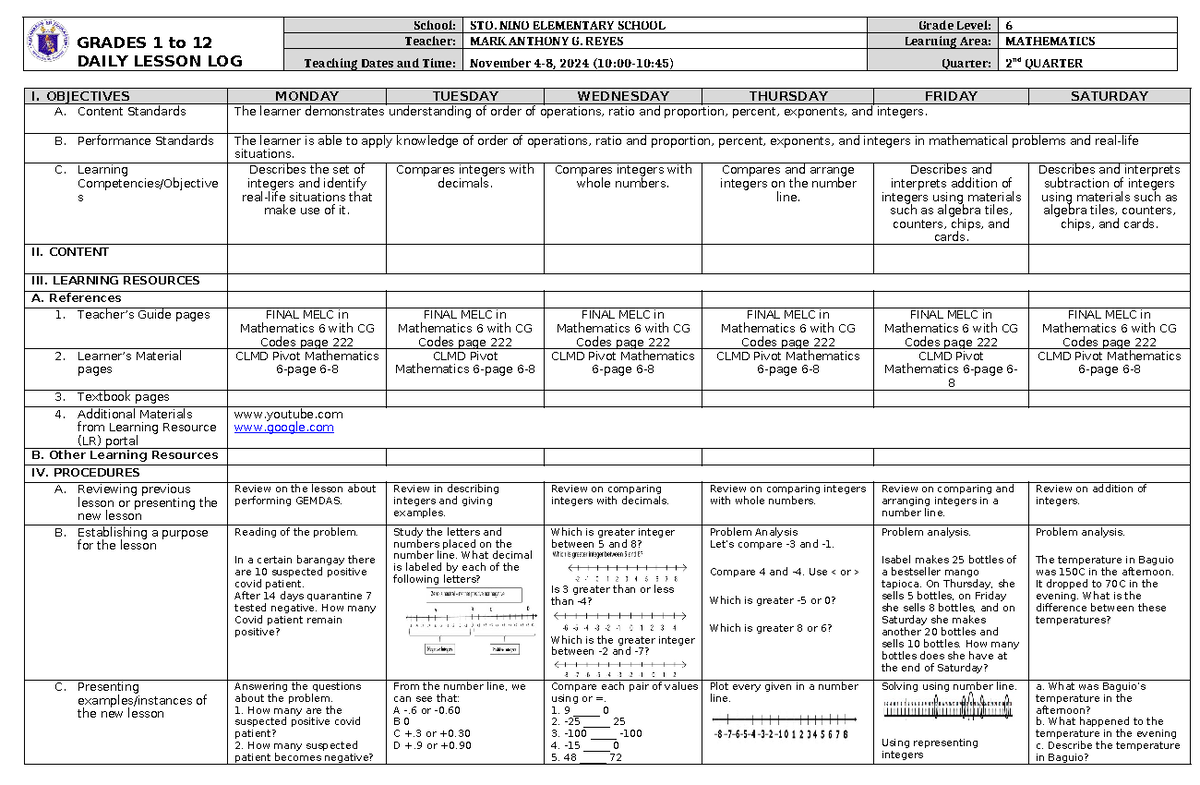Mathematics 6 - DAILY LESSON LOG FOR MATH 6 - I. OBJECTIVES MONDAY ...