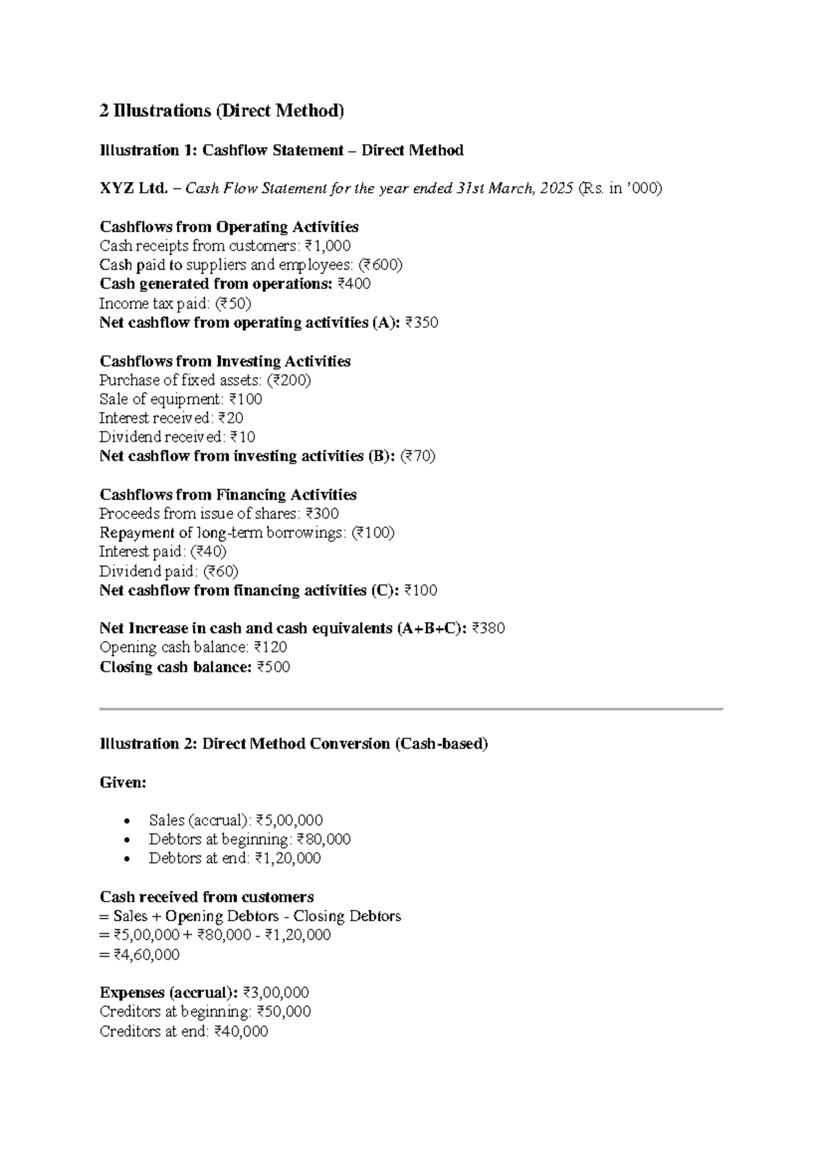Direct Method Questions for Cashflow Statements (XYZ Ltd.) - Studocu