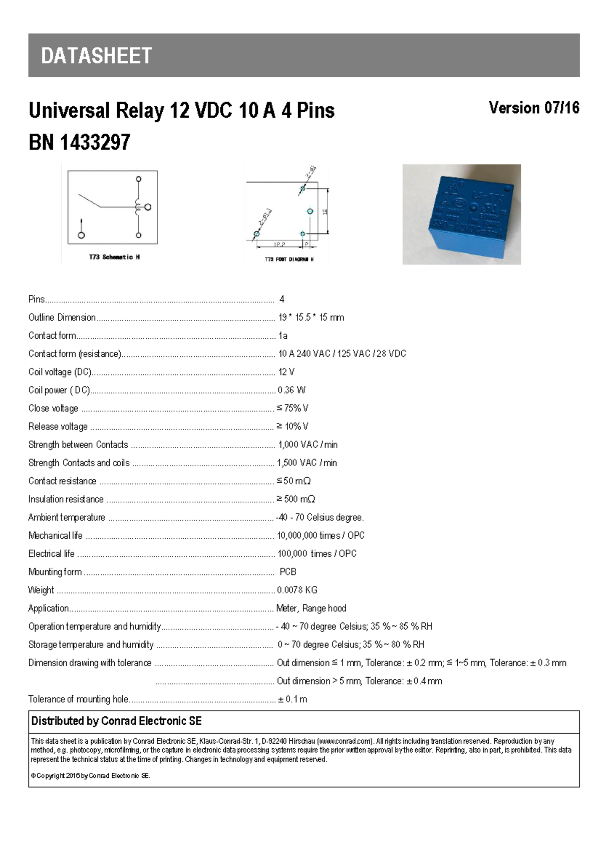 1433297 Relay Datasheet - DATASHEET Universal Relay 12 VDC 10 A 4 Pins ...
