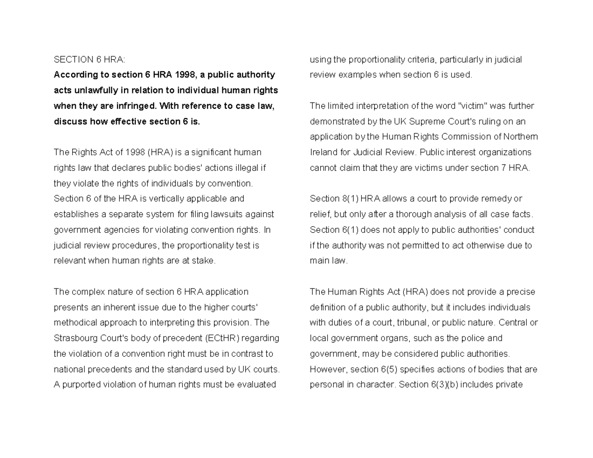 Section 6 HRA: Analyzing Effectiveness and Judicial Interpretation ...