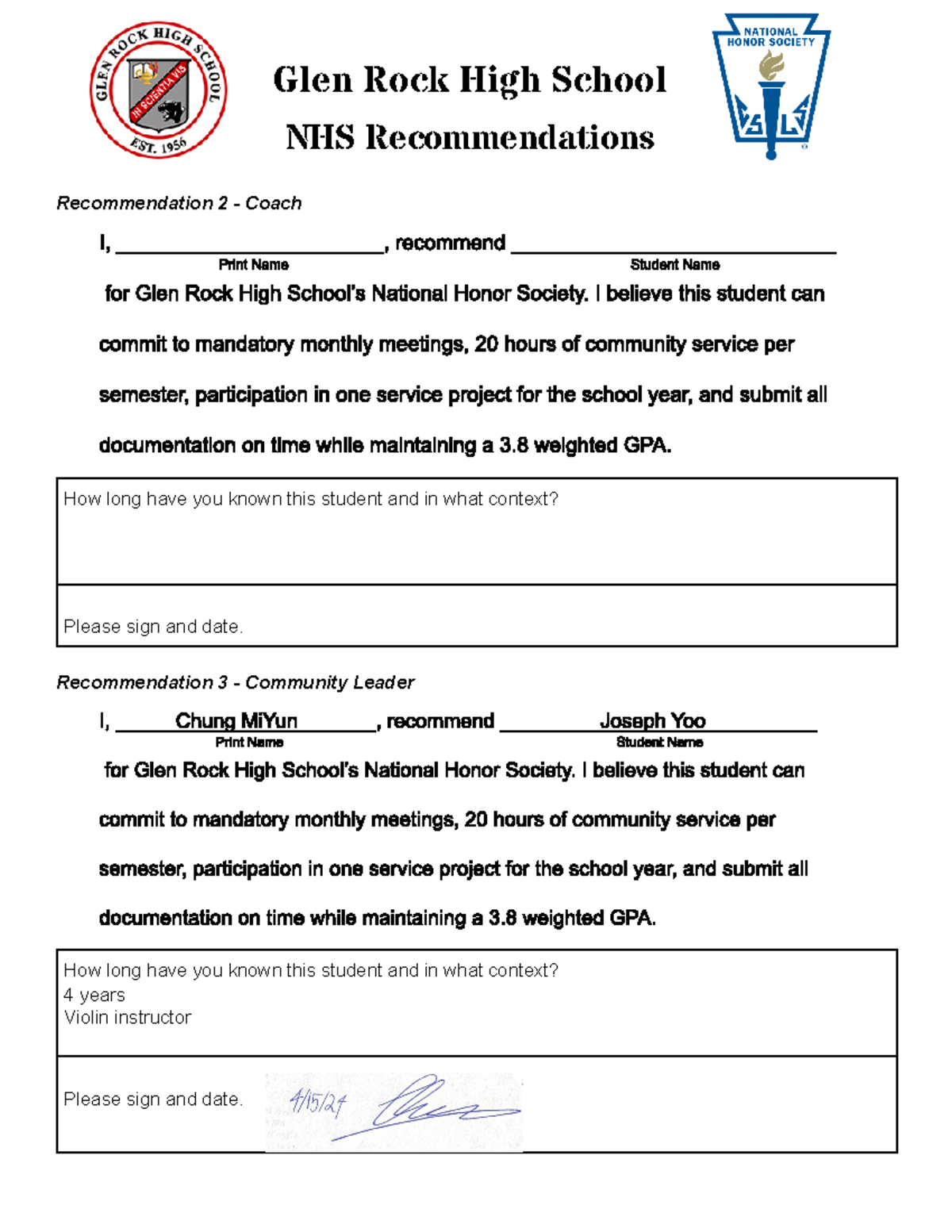 NHS Recommendations for Glen Rock High School Students - Studocu