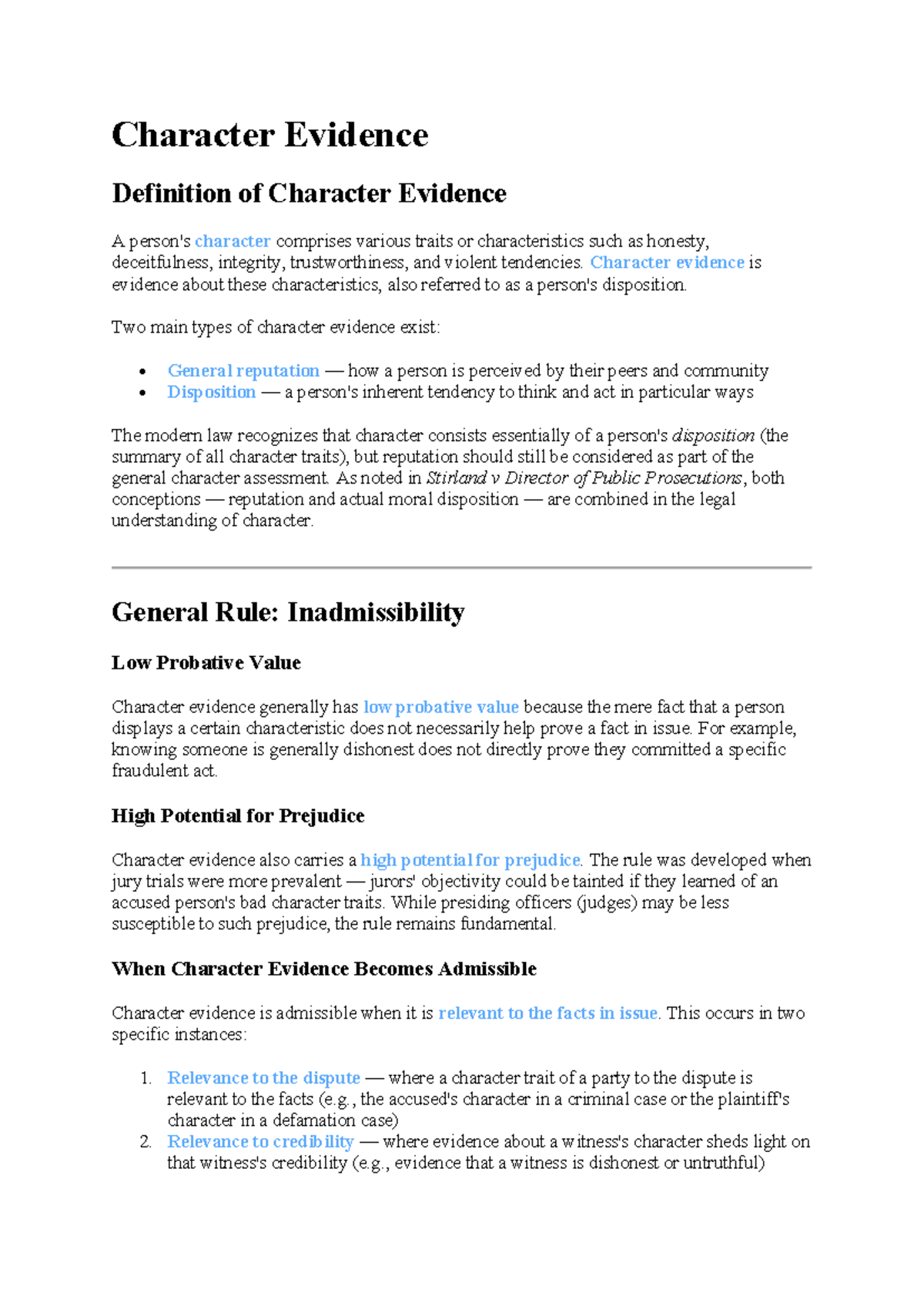 Character Evidence Notes: Definition, Types, and Legal Framework - Studocu