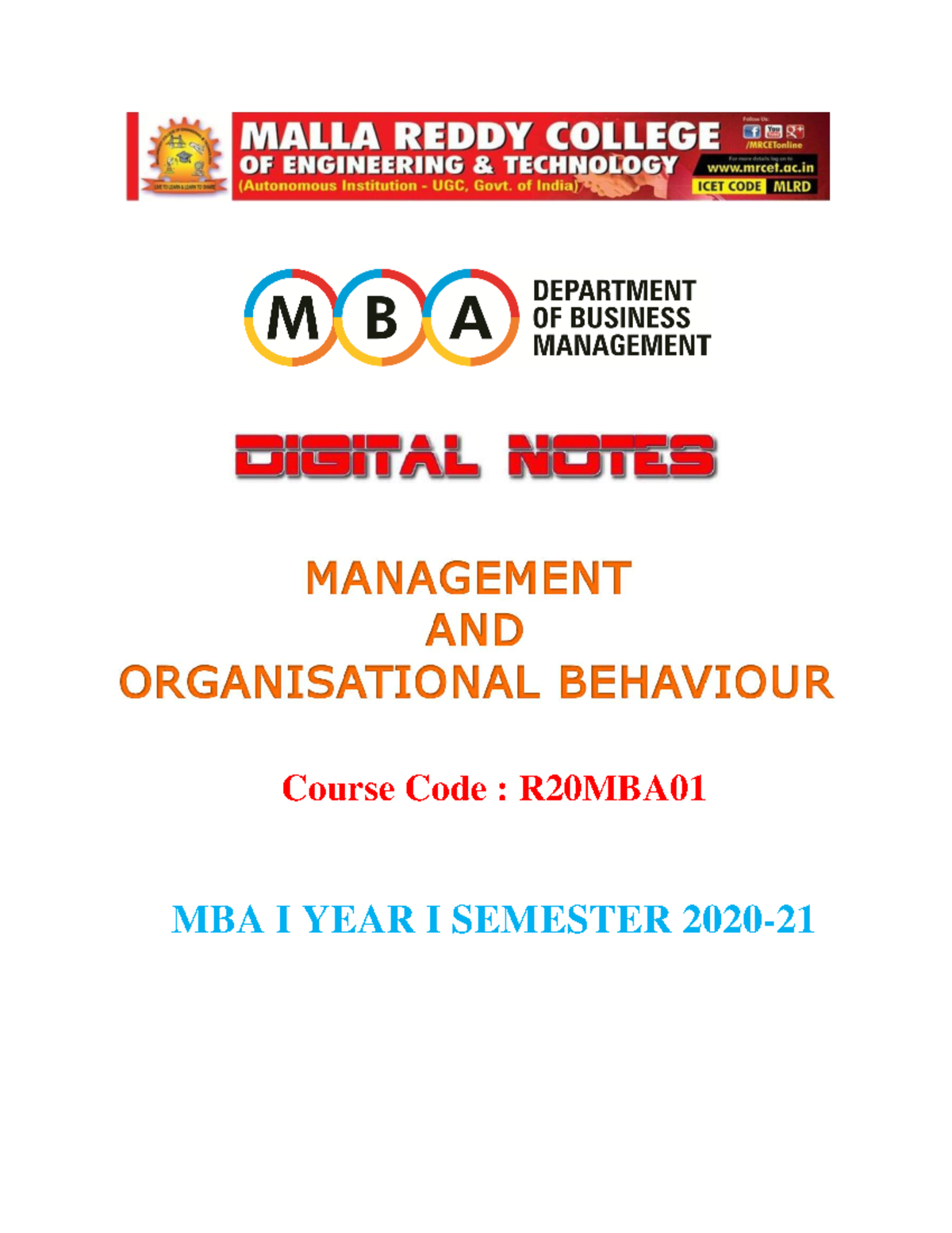 R20MBA01 MBA I Year I Sem Management & Organizational Behavior Notes ...