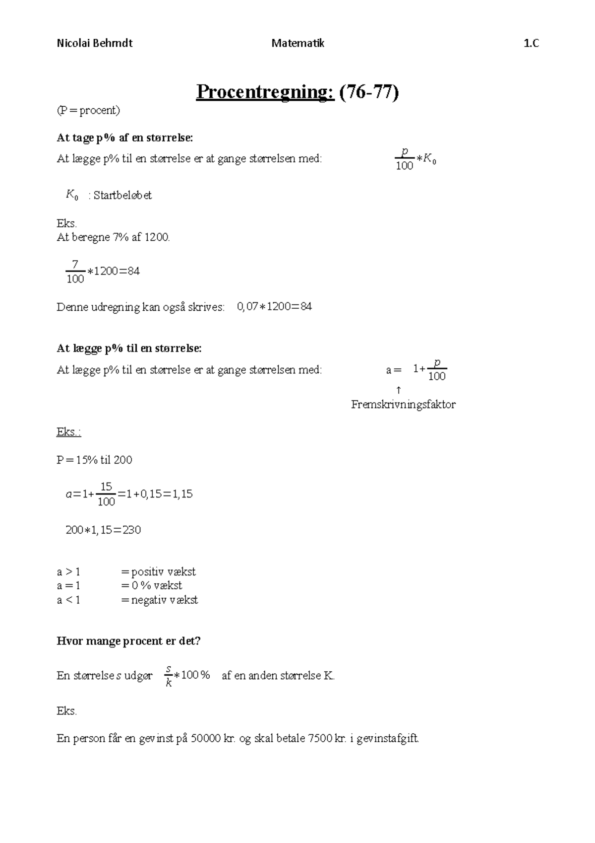 Procentregning: Formler og Eksempler i Matematik (MAT101) - Studocu