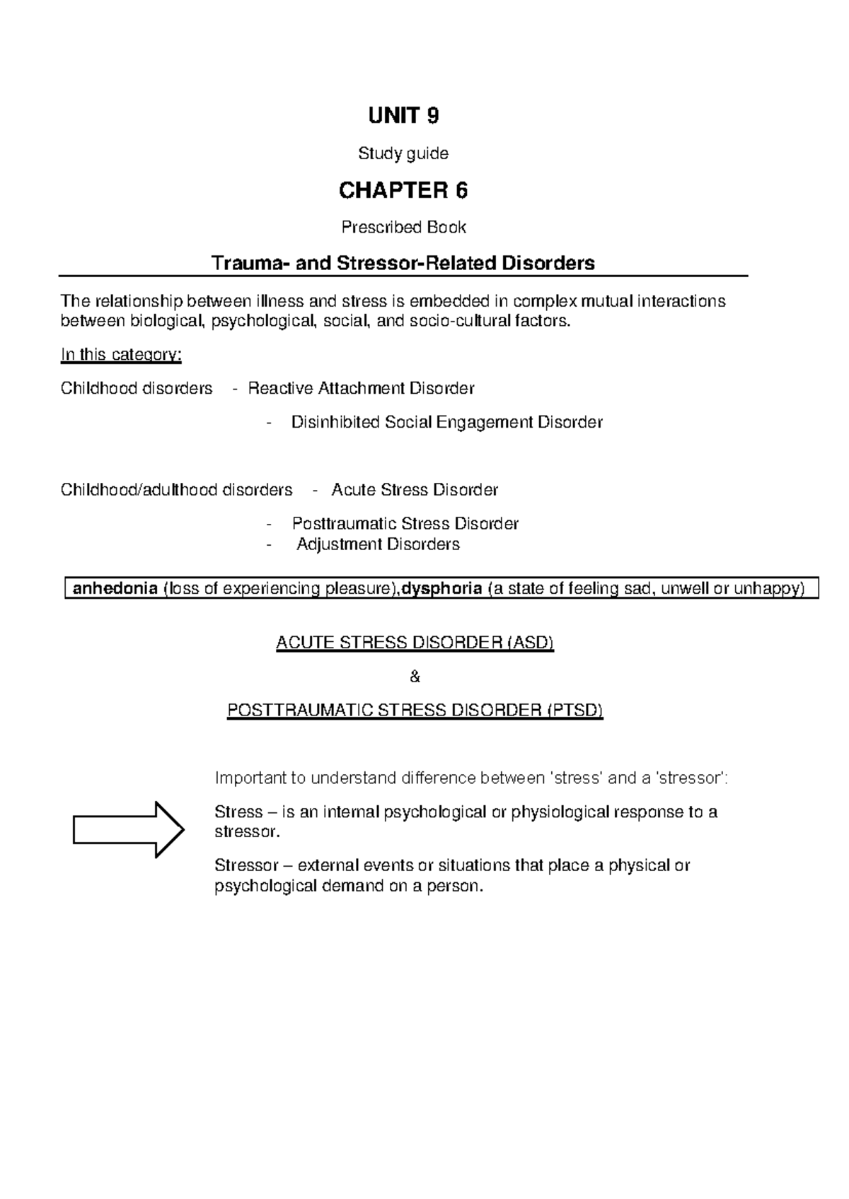 PYC3702 Unit 9 Study Notes: Trauma and Stressor-Related Disorders - Studocu