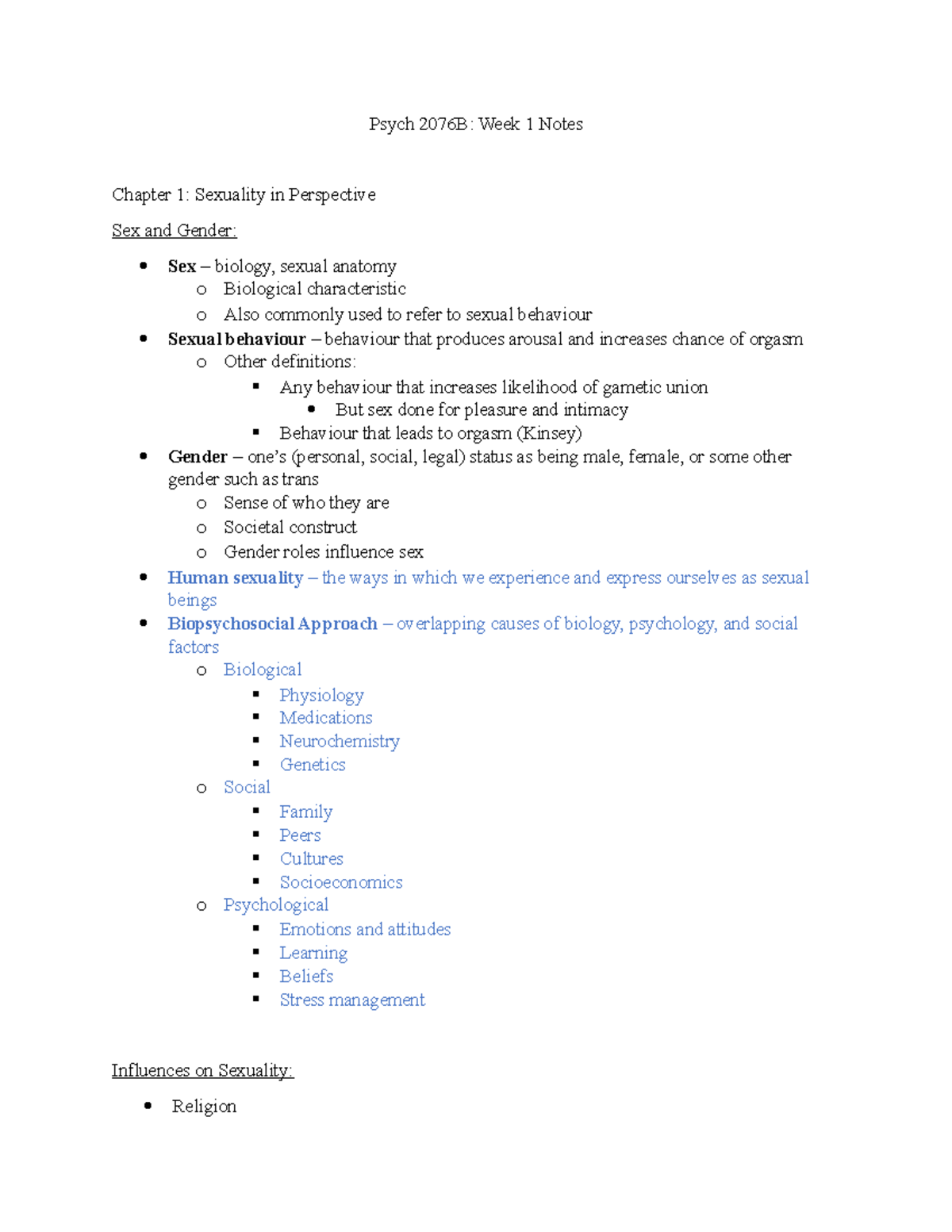 Psych 2076B: Week 1 Lecture Notes on Sexuality in Perspective - Studocu