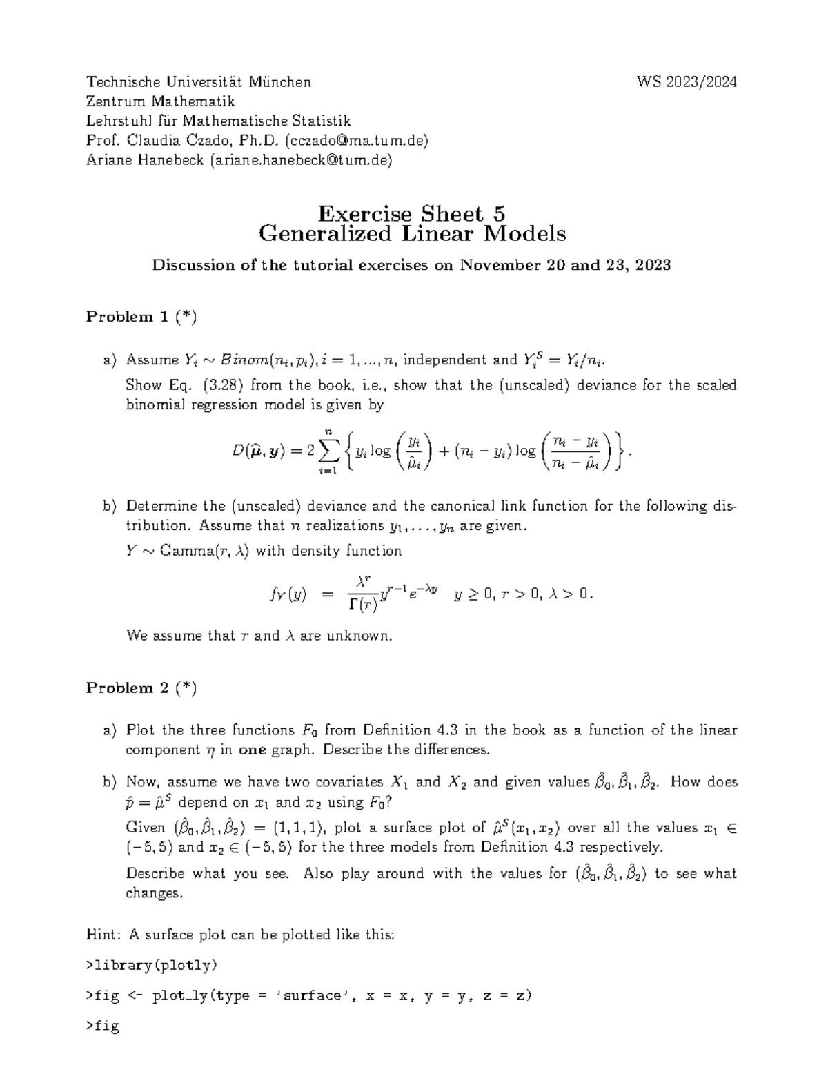 Sheet 5 - Generalized linear models exercise for WS 2023 - Studocu