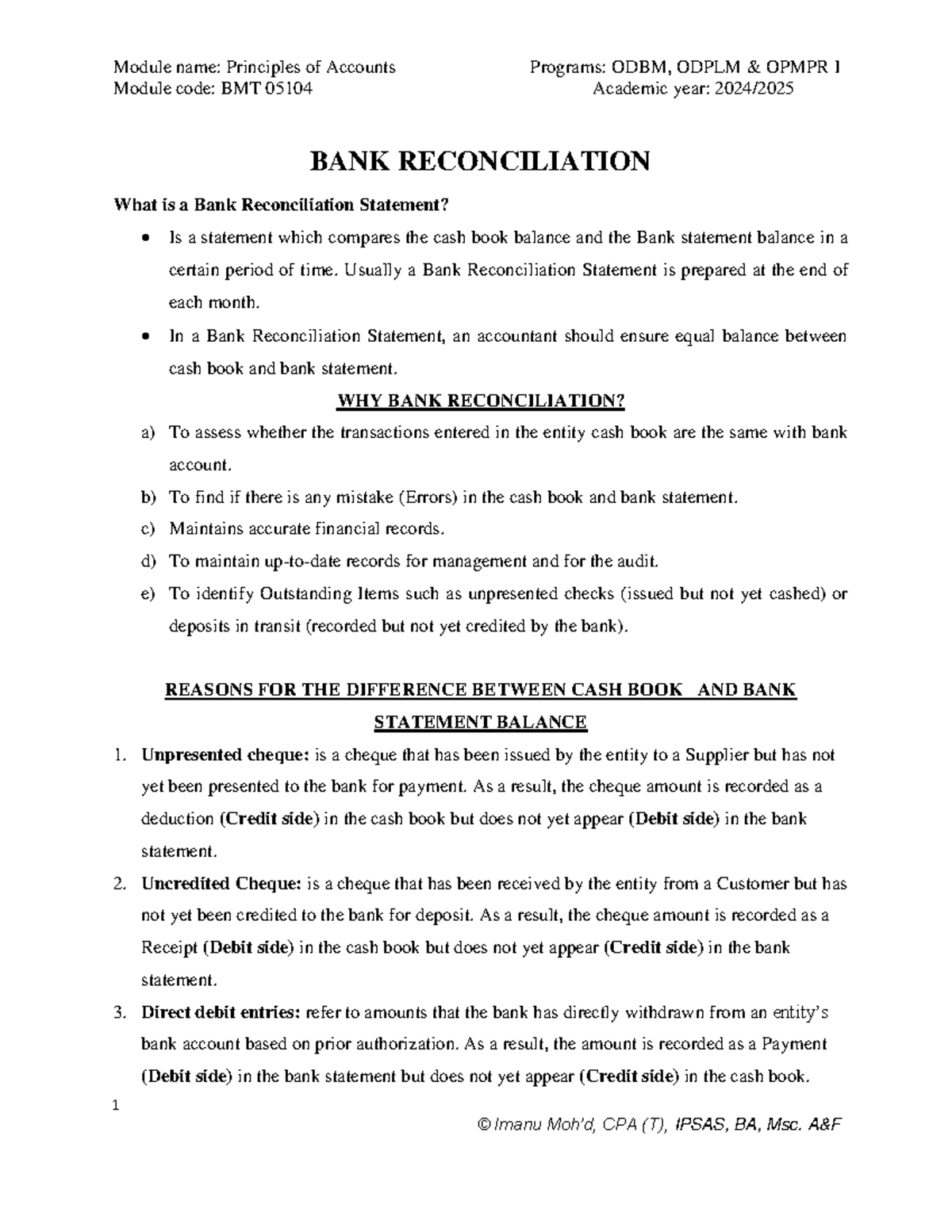 Bank Reconciliation Statements for Various Periods and Situations - BMT ...