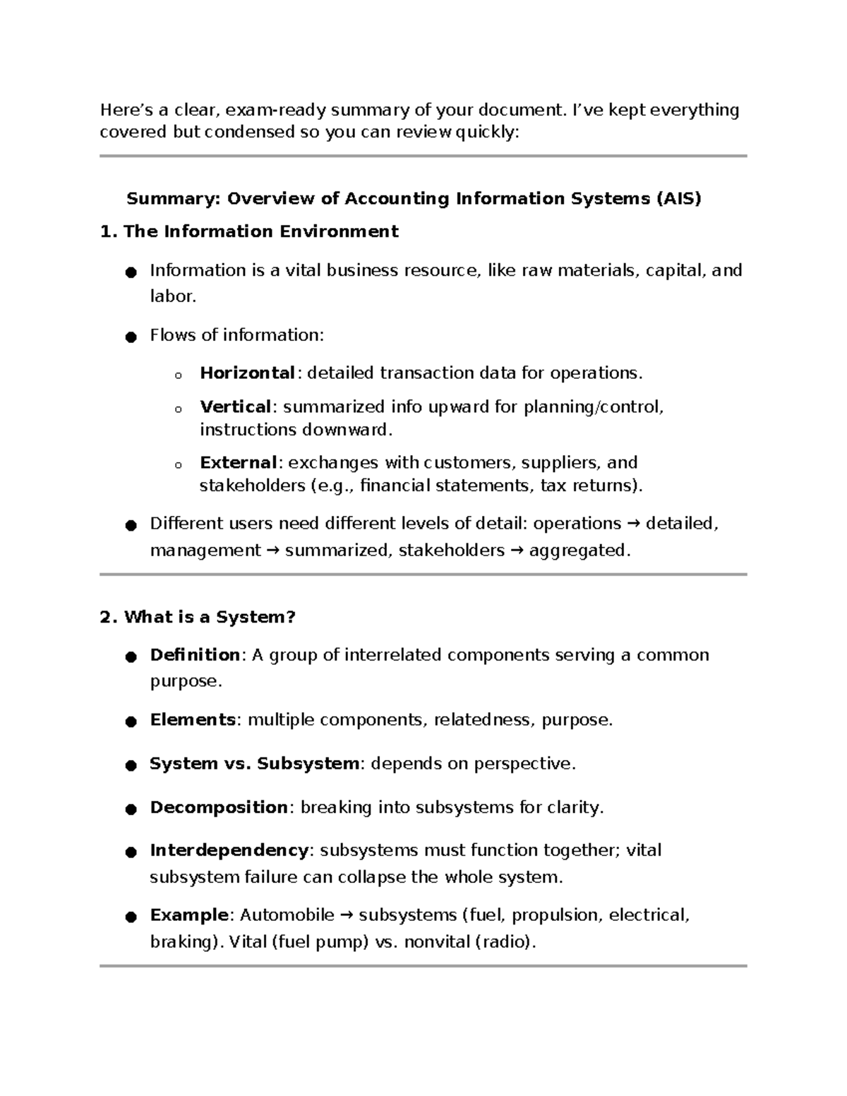 AIS Overview: Key Concepts and Transaction Processing Summary - Studocu