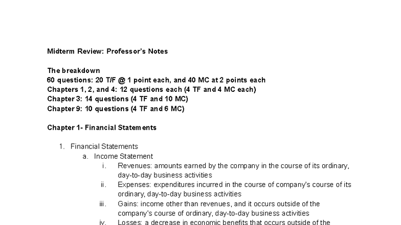 Midterm Review Notes for ACCT 101: Key Concepts & Financial Statements ...