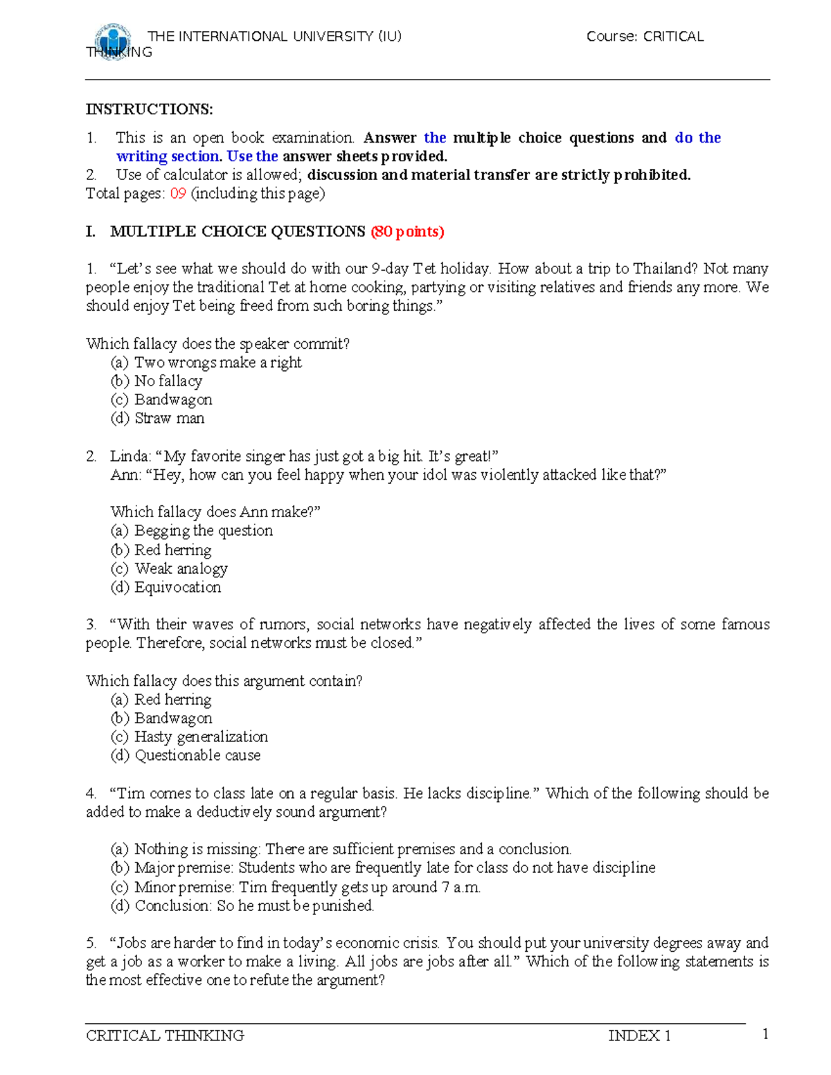 Final Exam - Critical Thinking (IU) - S1 2014-2015 - Studocu