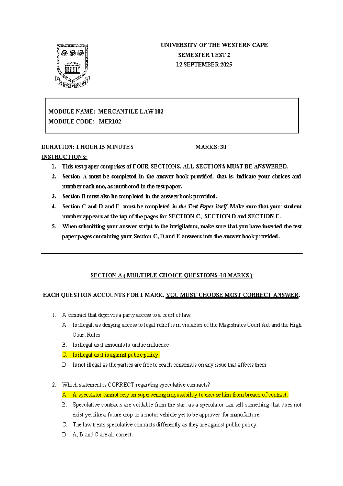 MER102 Semester Test 2 Memorandum - Mercantile Law 102 - Studocu