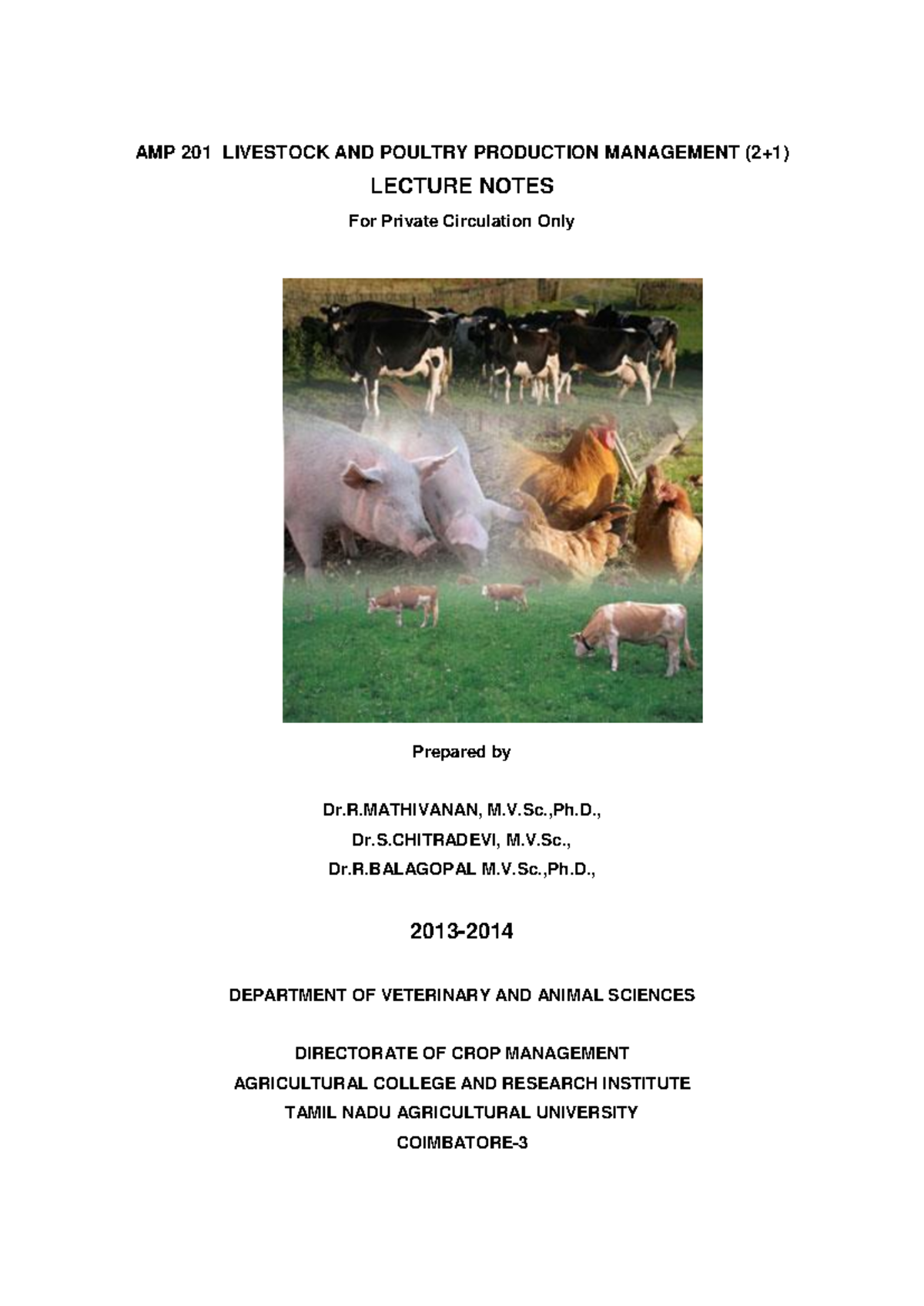 AMP 201 Lecture Notes on Livestock and Poultry Production Management ...