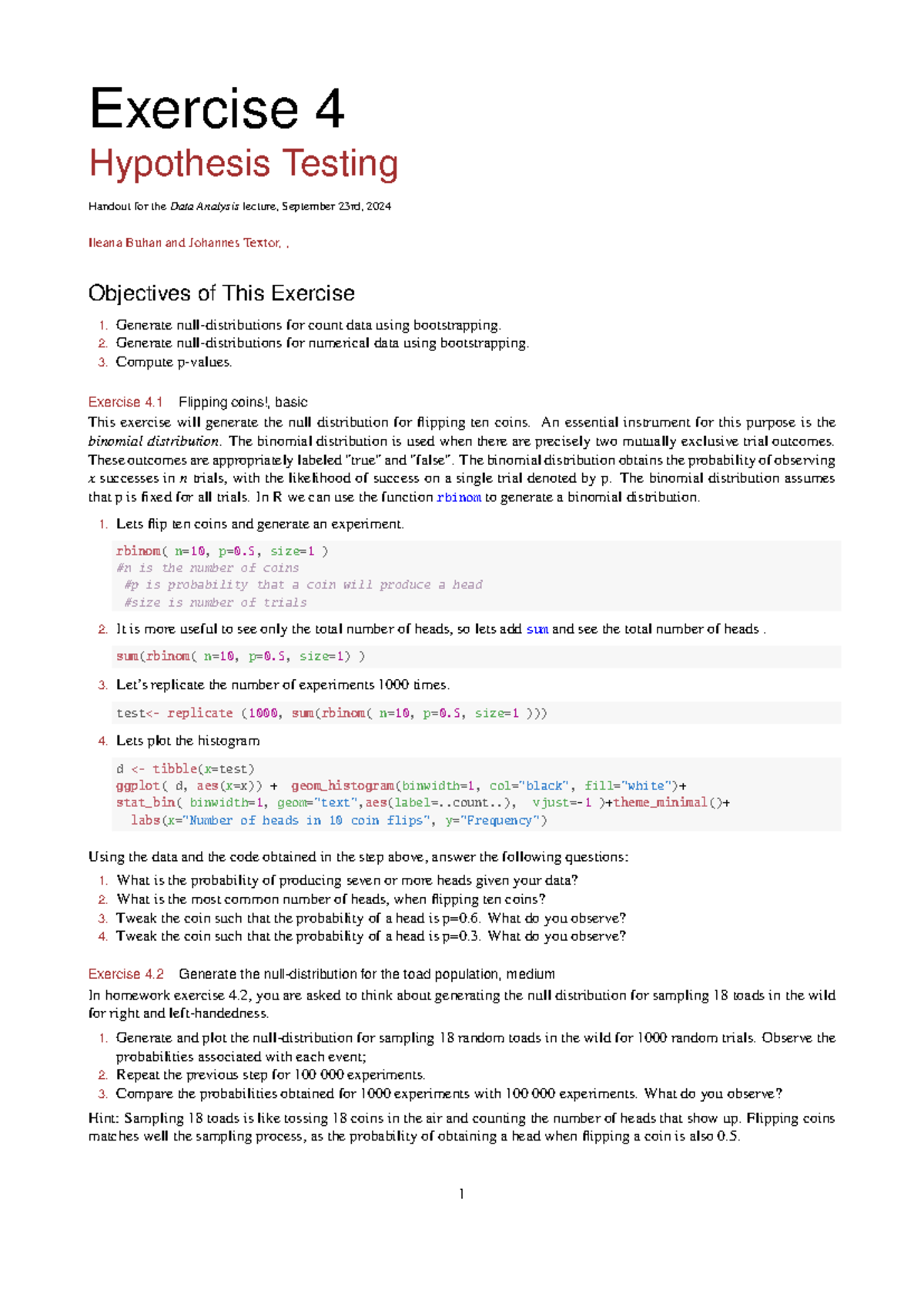 Exercise 4: Hypothesis Testing Handout for Data Analysis Lecture ...